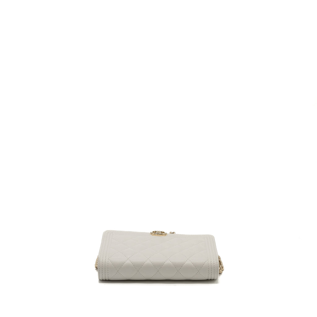 CHANEL BOY WALLET ON CHAIN CAVIAR WHITE LGHW (MICROCHIP)