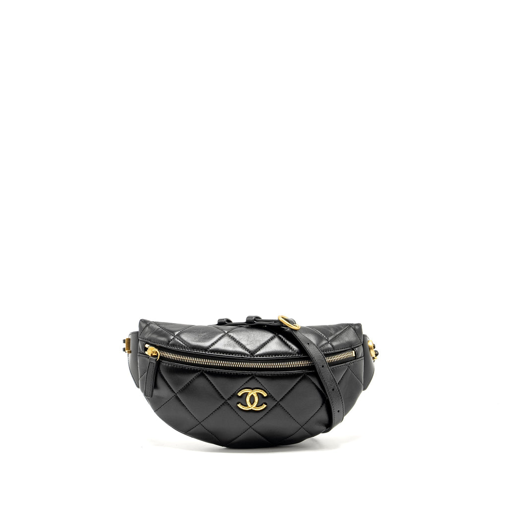 CHANEL LETTER LOGO DETAILED WAIST BAG LAMBSKIN BLACK GHW (MICROCHIP)