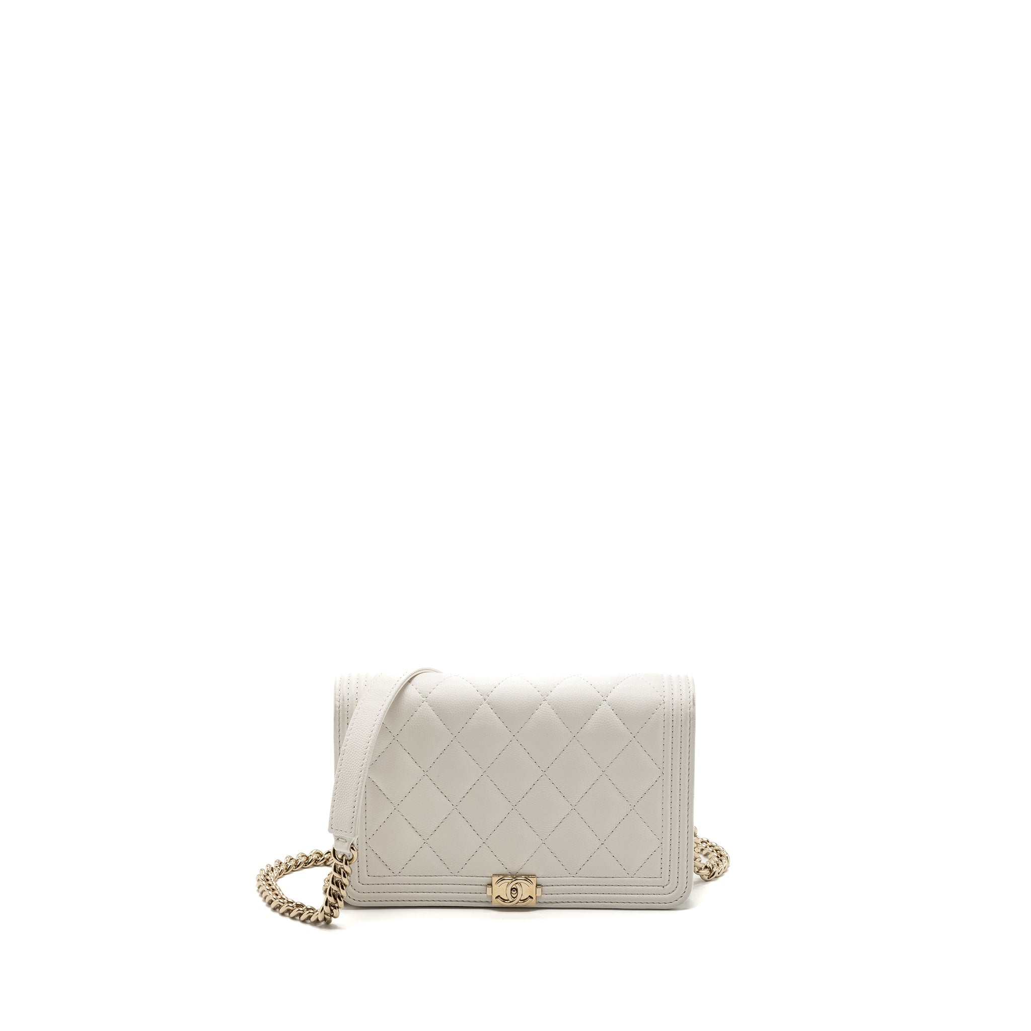 CHANEL BOY WALLET ON CHAIN CAVIAR WHITE LGHW (MICROCHIP)