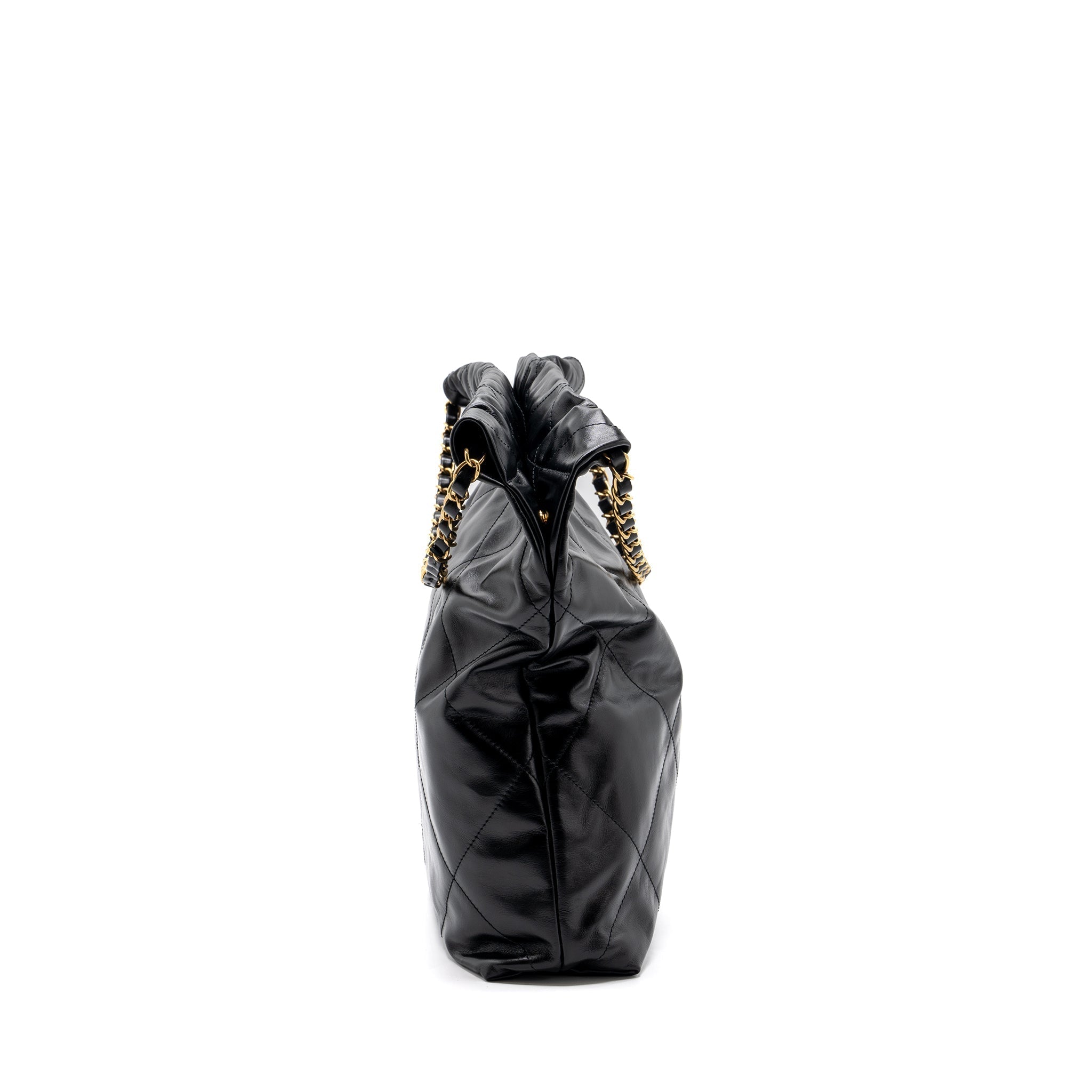 CHANEL MEDIUM 22 BAG GOLD LETTER SHINY CALFSKIN BLACK GHW(MICROCHIP)