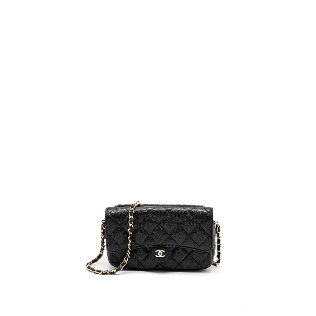 CHANEL DOUBLE POCKET WALLET ON CHAIN CAVIAR BLACK LGHW (MICROCHIP)