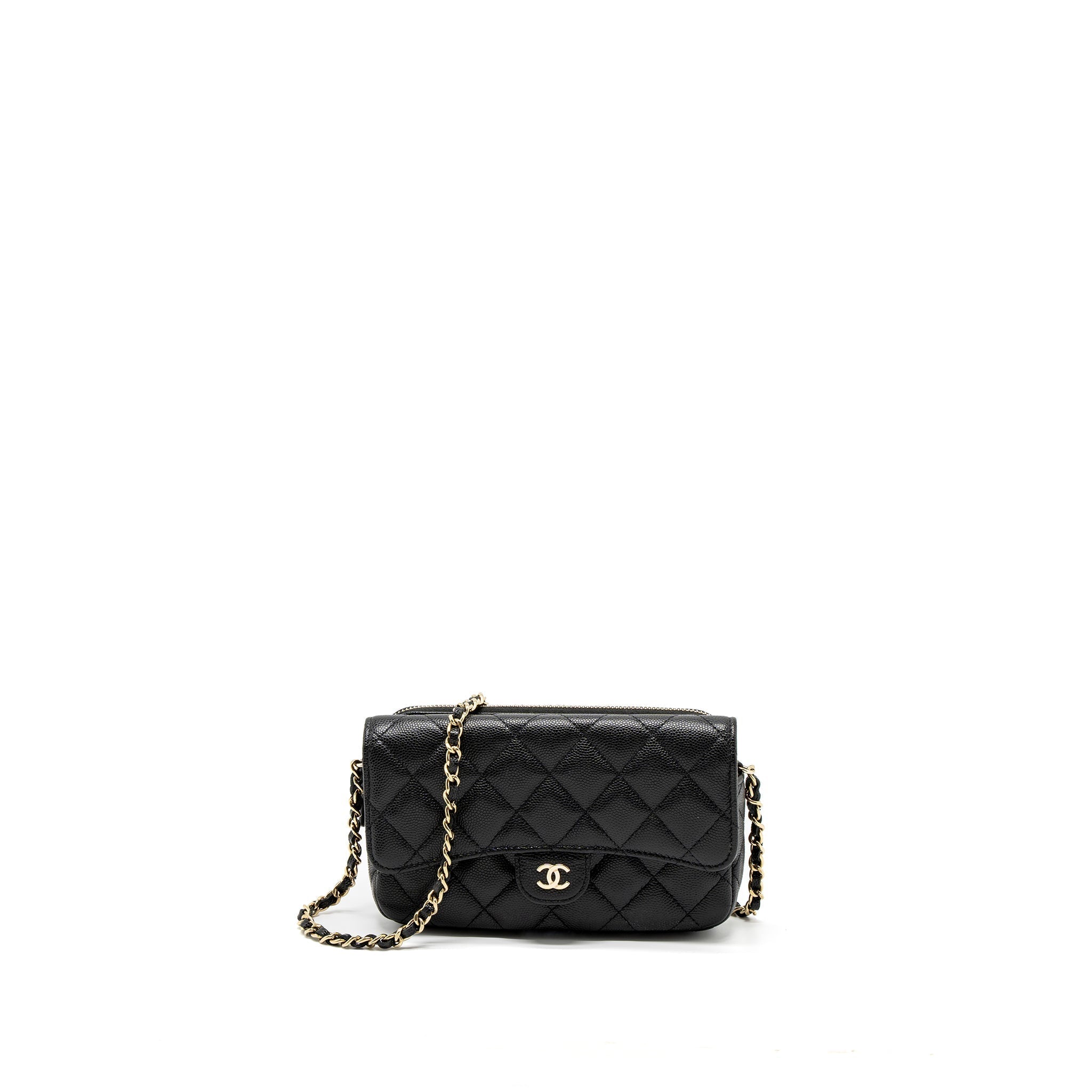 CHANEL DOUBLE POCKET WALLET ON CHAIN CAVIAR BLACK LGHW (MICROCHIP)