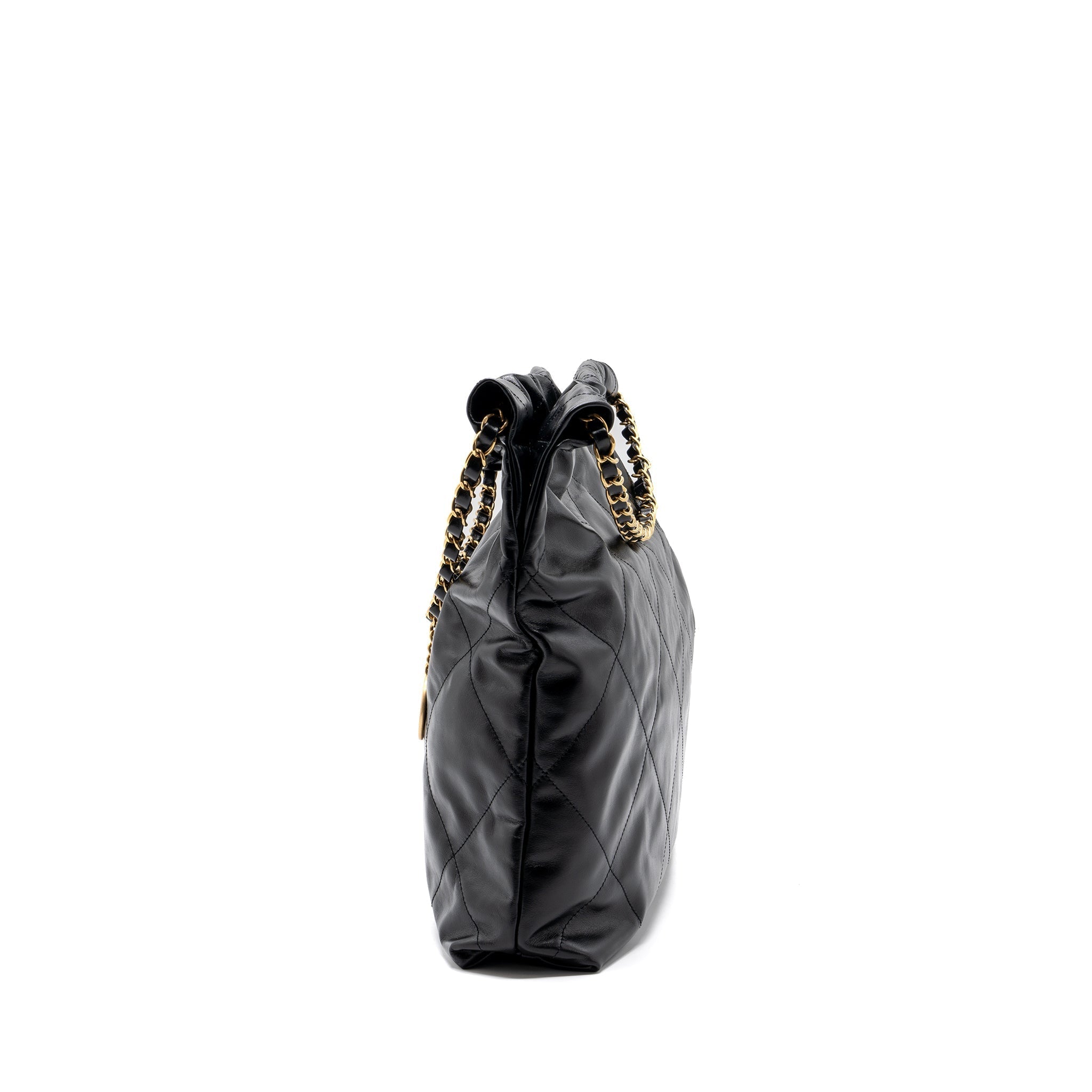 CHANEL MEDIUM 22 BAG GOLD LETTER SHINY CALFSKIN BLACK GHW(MICROCHIP)