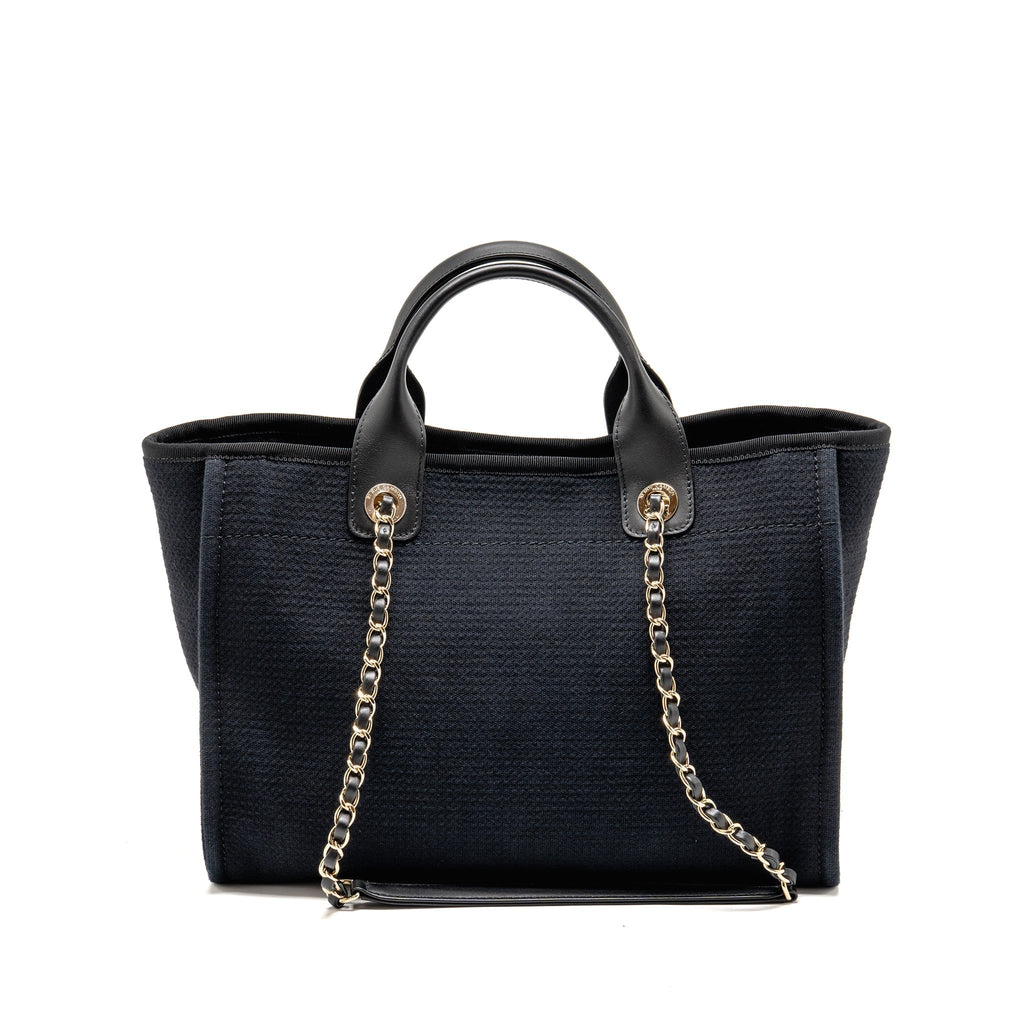 CHANEL DEAUVILLE TOTE BAG CANVAS/CALFSKIN BLACK LGHW (MICROCHIP)
