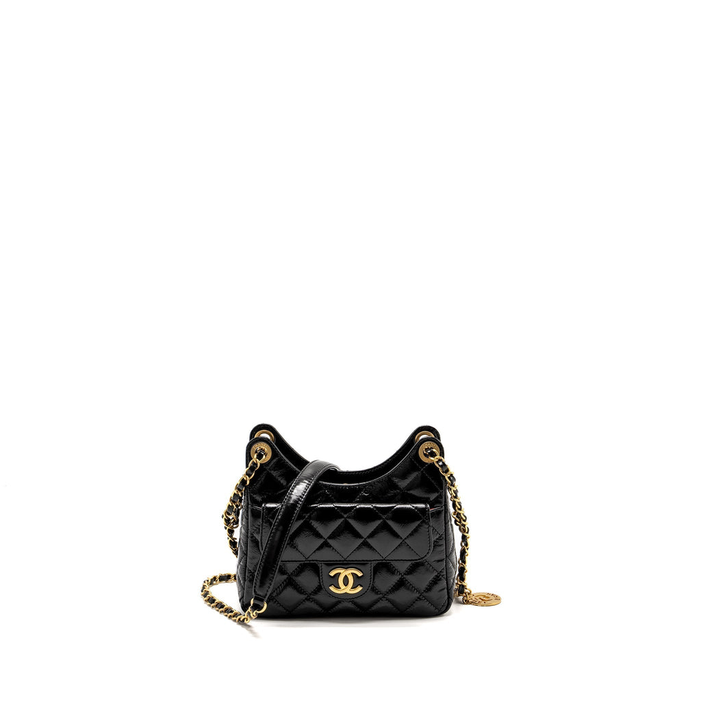 CHANEL 23C SMALL HOBO BAG SHINY CALFSKIN BLACK BRUSHED GHW(MICROCHIP)