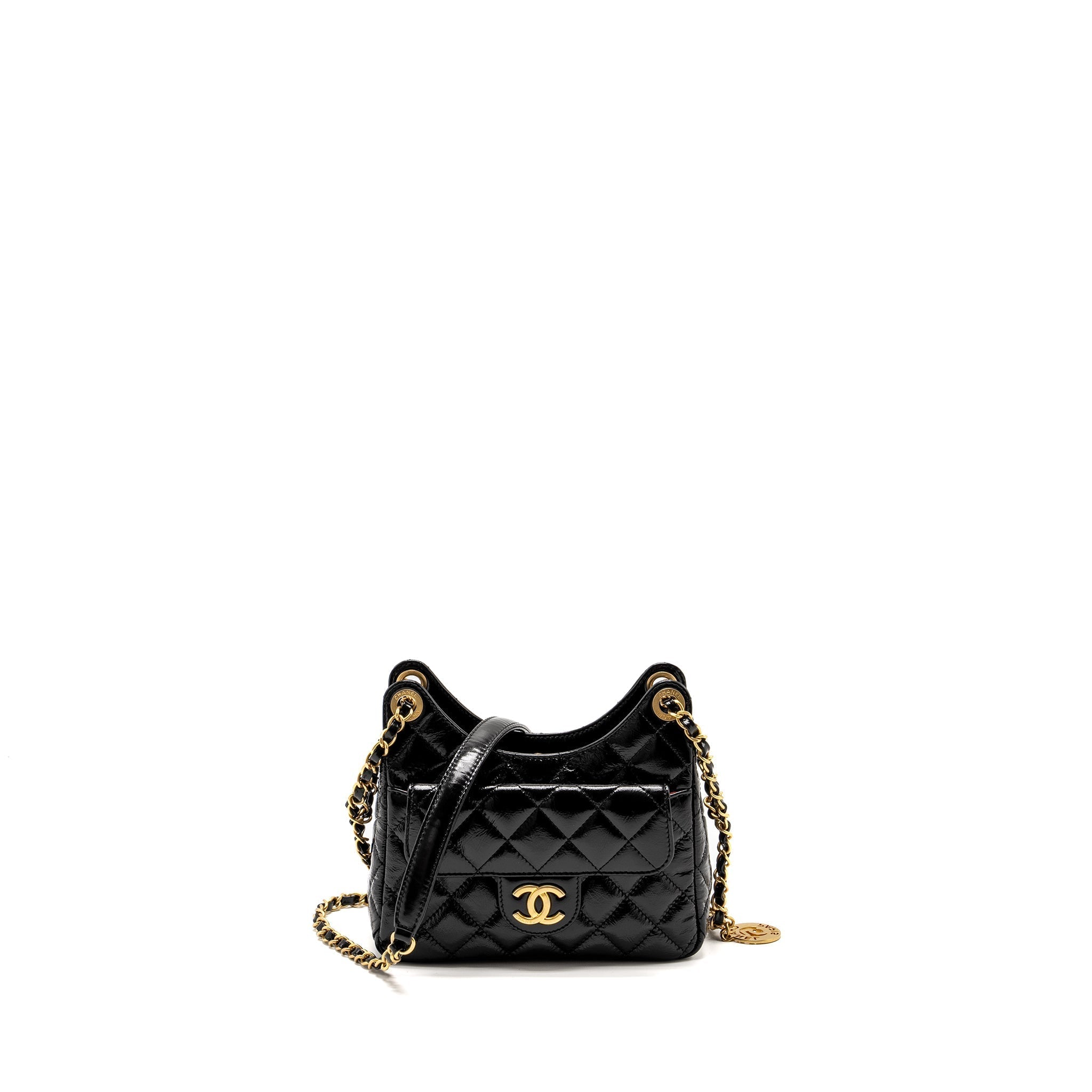 CHANEL 23C SMALL HOBO BAG SHINY CALFSKIN BLACK BRUSHED GHW(MICROCHIP)