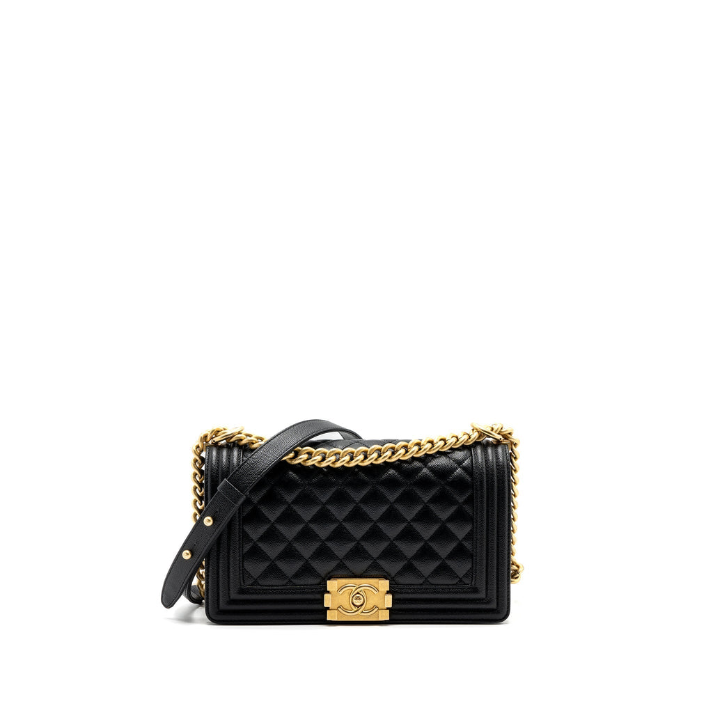 CHANEL MEDIUM BOY BAG CAVIAR BLACK BRUSHED GHW (MICROCHIP )