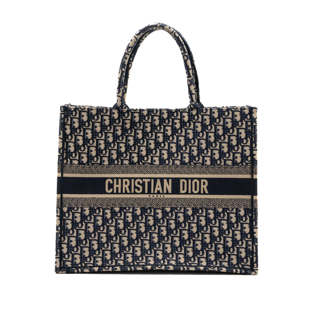 DIOR LARGE BOOK TOTE ECRU AND BLUE DIOR OBLIQUE EMBROIDERY