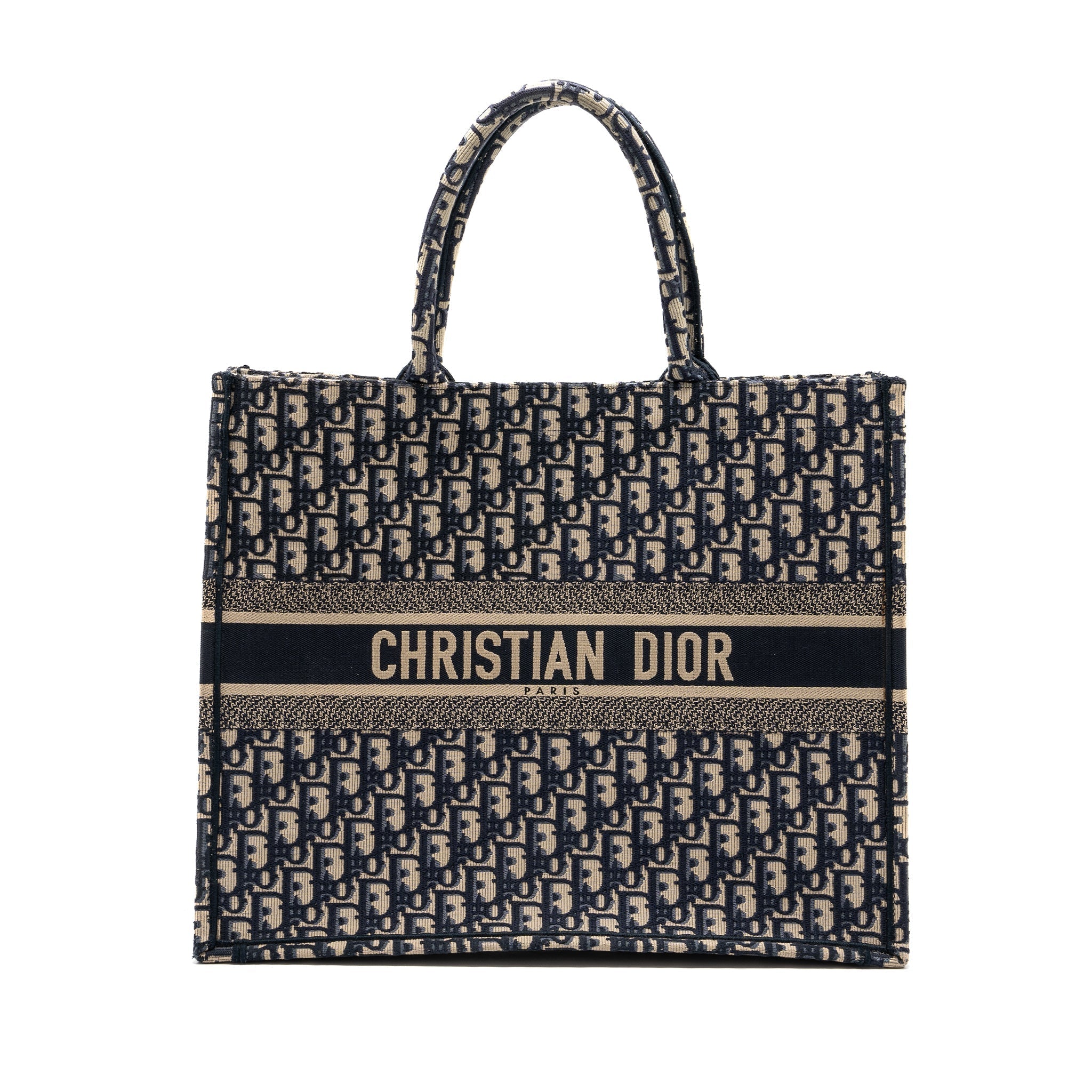 DIOR LARGE BOOK TOTE ECRU AND BLUE DIOR OBLIQUE EMBROIDERY