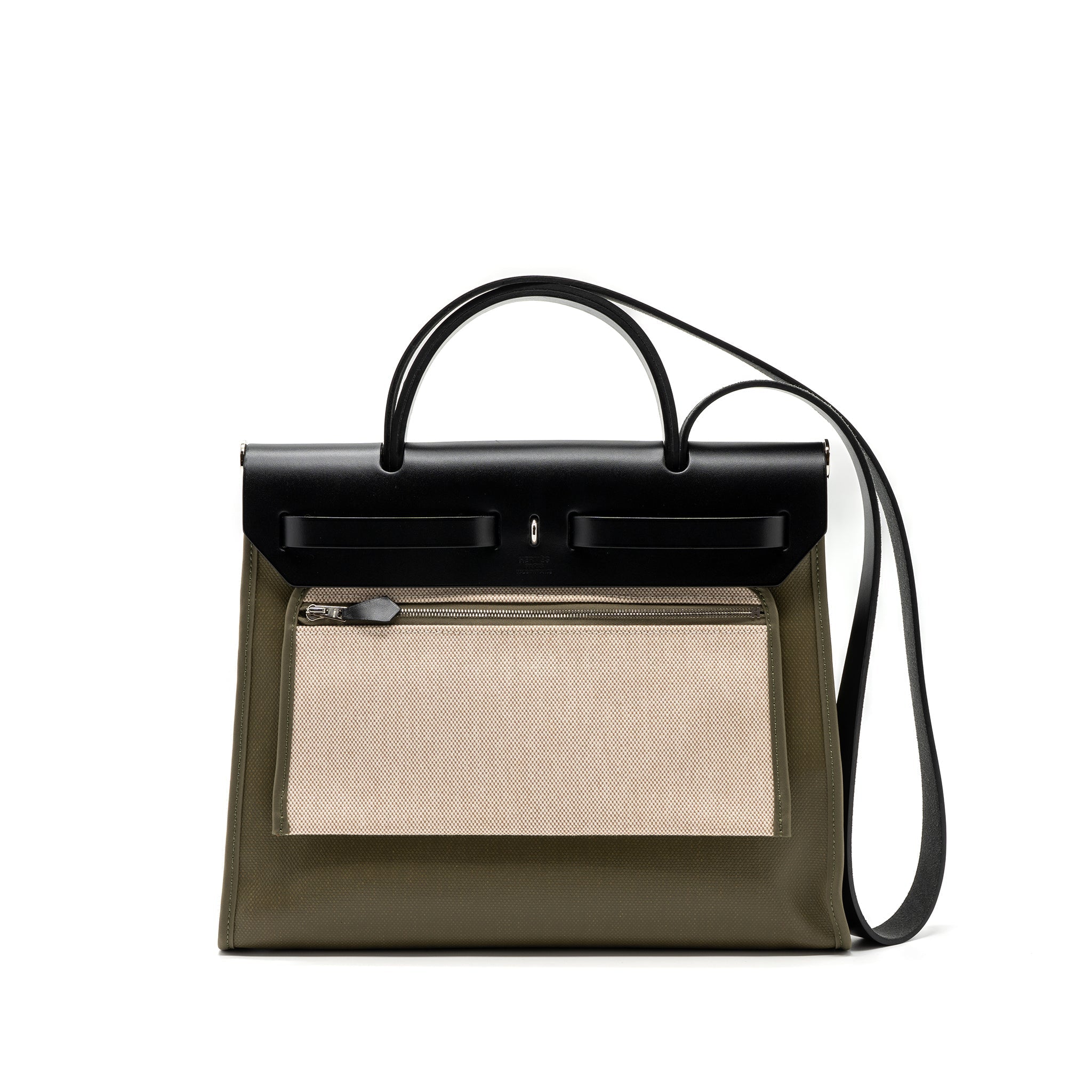HERMES HERBAG 31 ZIP BAG TOLIE H BERLINE CANVAS/VACHE HUNTER LICHEN/ECRU-BEIGE/BLACK SHW