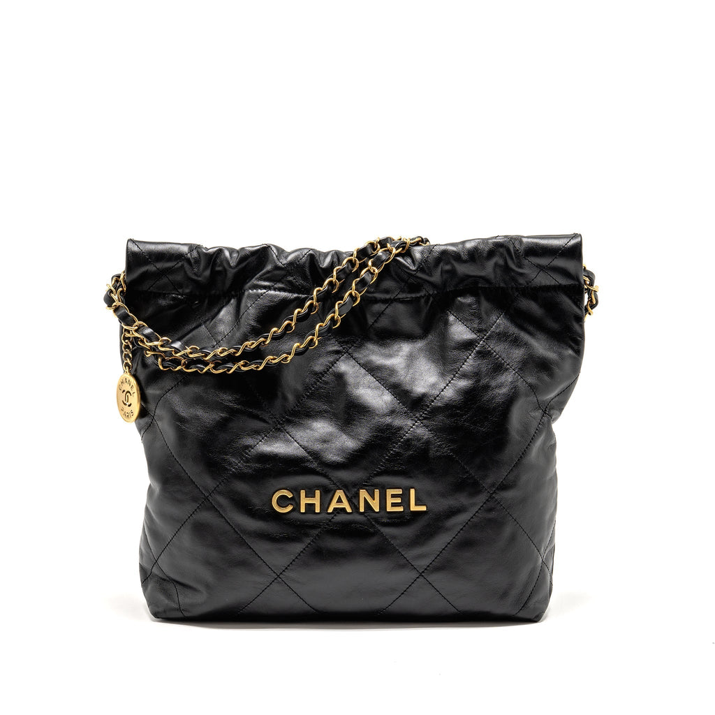 CHANEL SMALL 22 BAG GOLD LETTER SHINY CALFSKIN BLACK GHW (MICROCHIP)