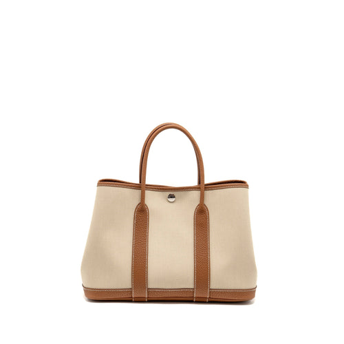 HERMES GARDEN PARTY 30 TOILE MILITARIES CANVAS / NEGONDA BETON / GOLD SHW