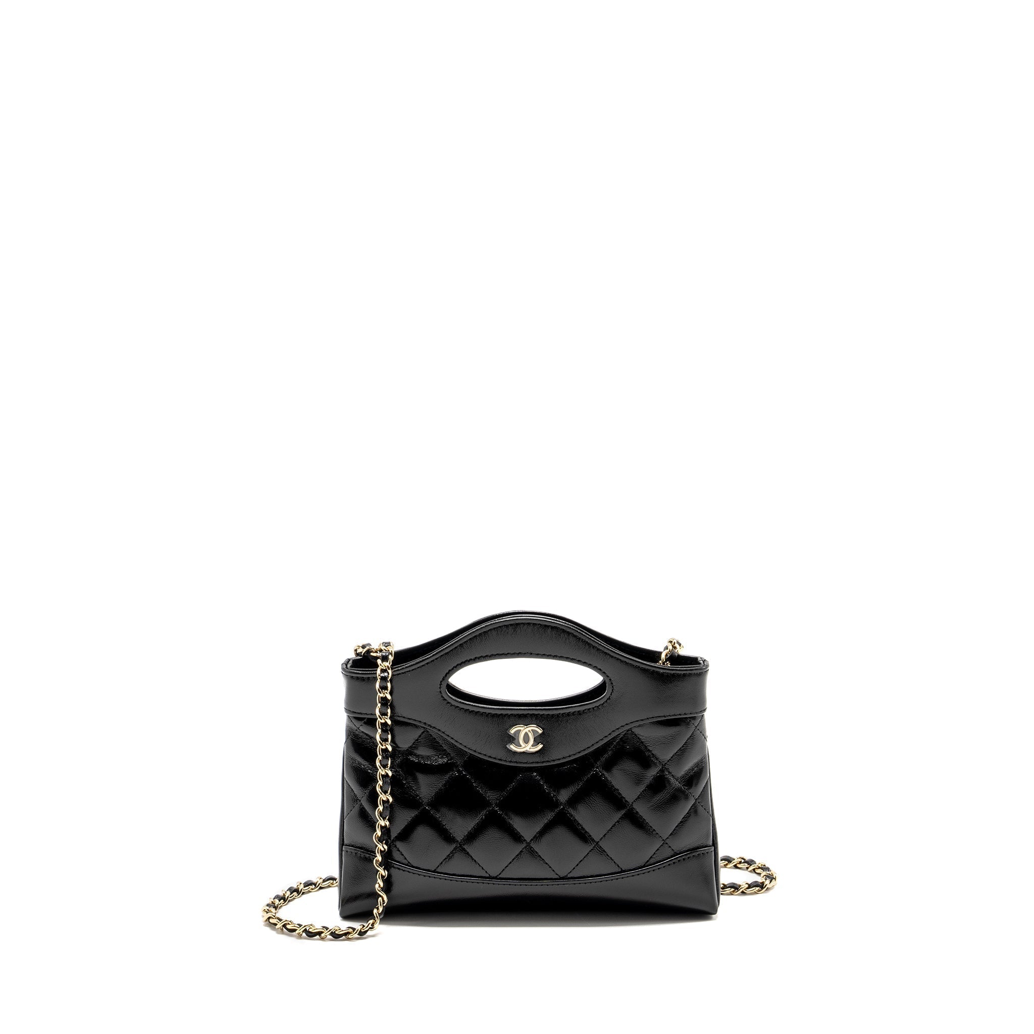 CHANEL MINI 31 CLUTCH WITH CHAIN SHINY LAMBSKIN BLACK LGHW (MICROCHIP)