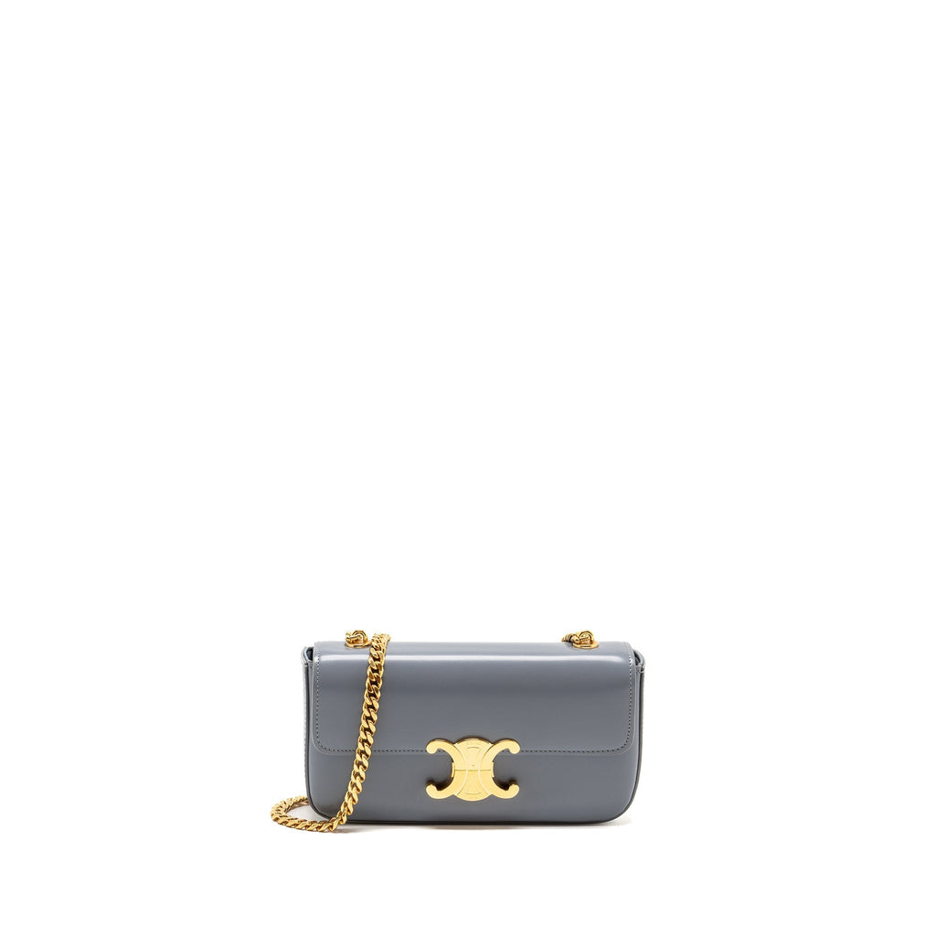 CELINE CHAIN SHOULDER BAG CLAUDE SHINY CALFSKIN BLUE GREY GHW