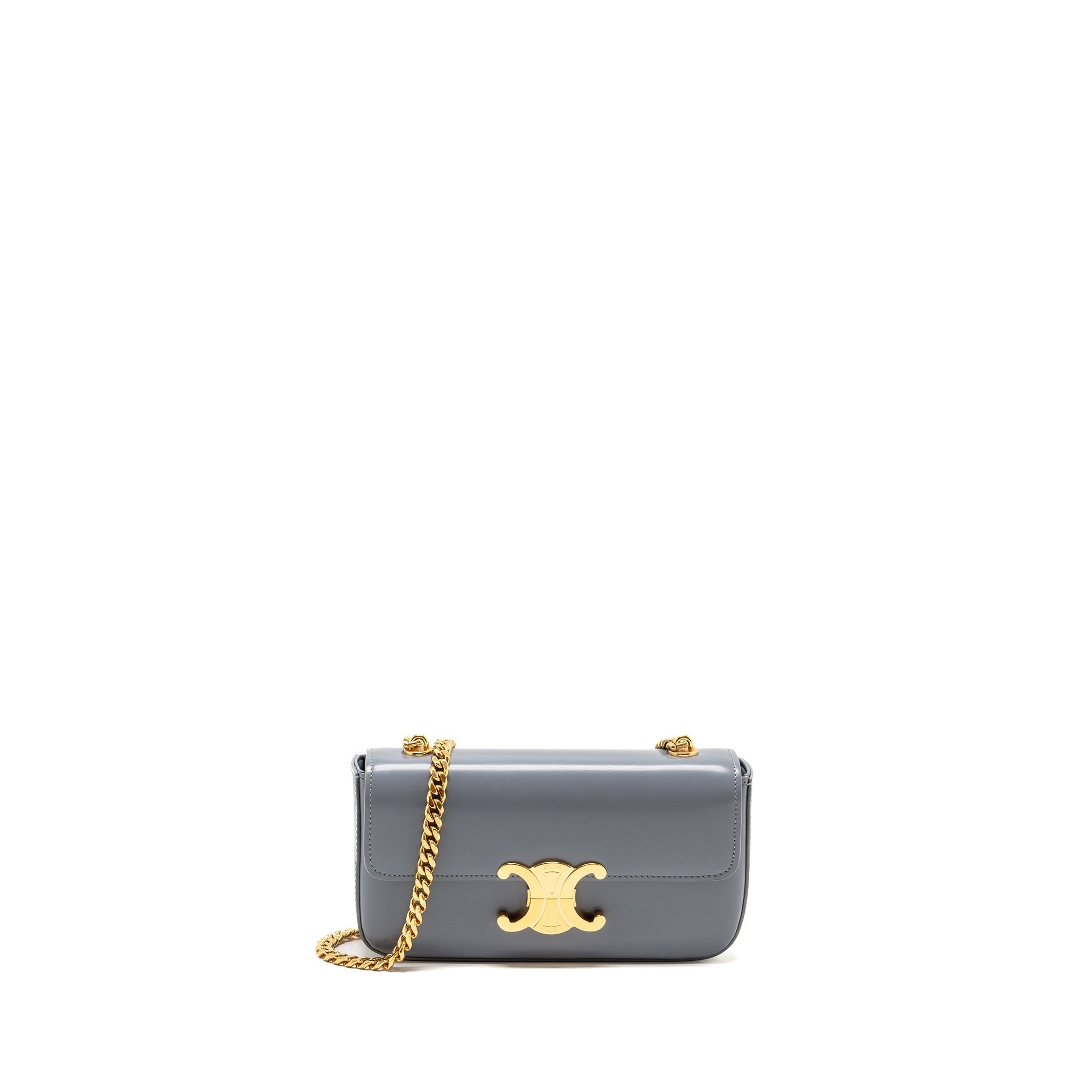CELINE CHAIN SHOULDER BAG CLAUDE SHINY CALFSKIN BLUE GREY GHW