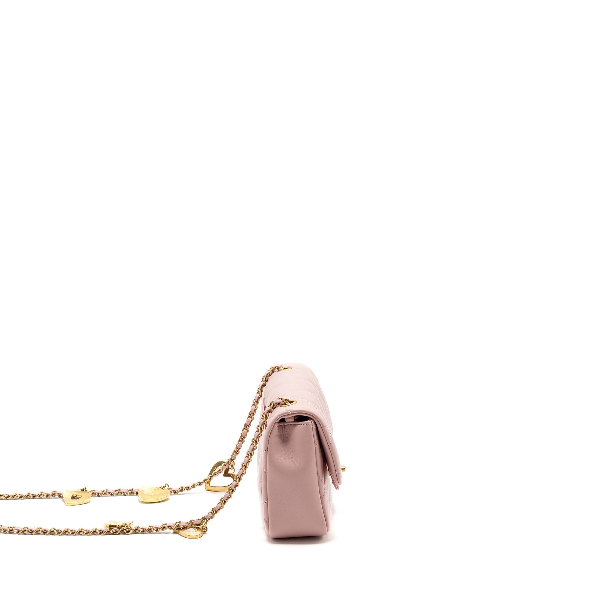 CHANEL QUILTED FLAP BAG WITH HEART CHARM ON CHAIN LAMBSKIN LIGHT PINK GHW (MICROCHIP)