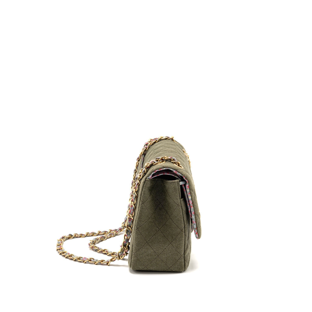 CHANEL COCO CUBA CHARMS JUMBO CLASSIC DOUBLE FLAP BAG CANVAS GREEN GHW