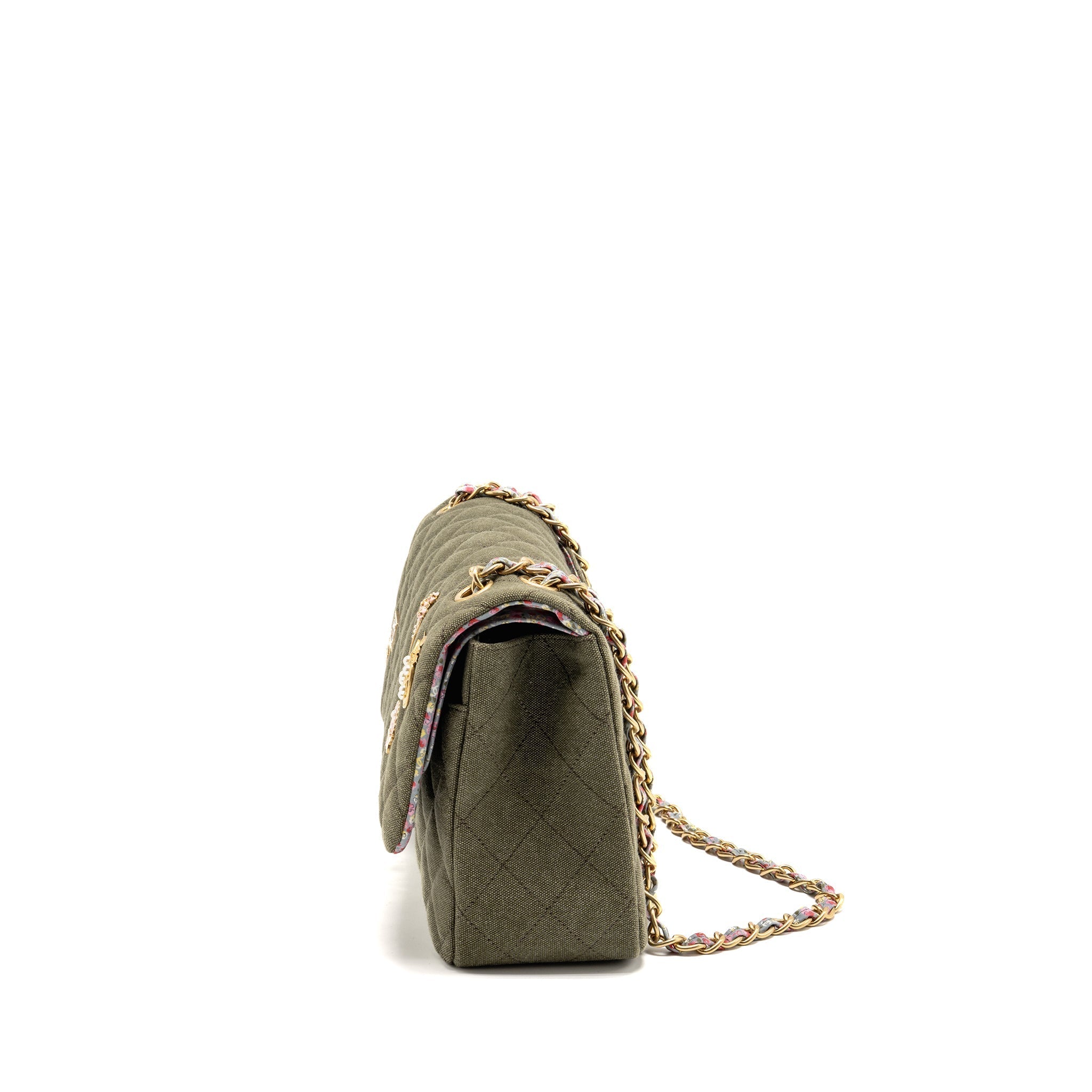 CHANEL COCO CUBA CHARMS JUMBO CLASSIC DOUBLE FLAP BAG CANVAS GREEN GHW