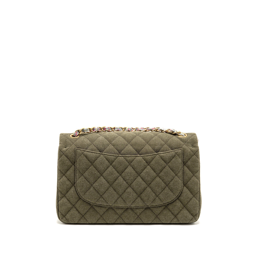 CHANEL COCO CUBA CHARMS JUMBO CLASSIC DOUBLE FLAP BAG CANVAS GREEN GHW