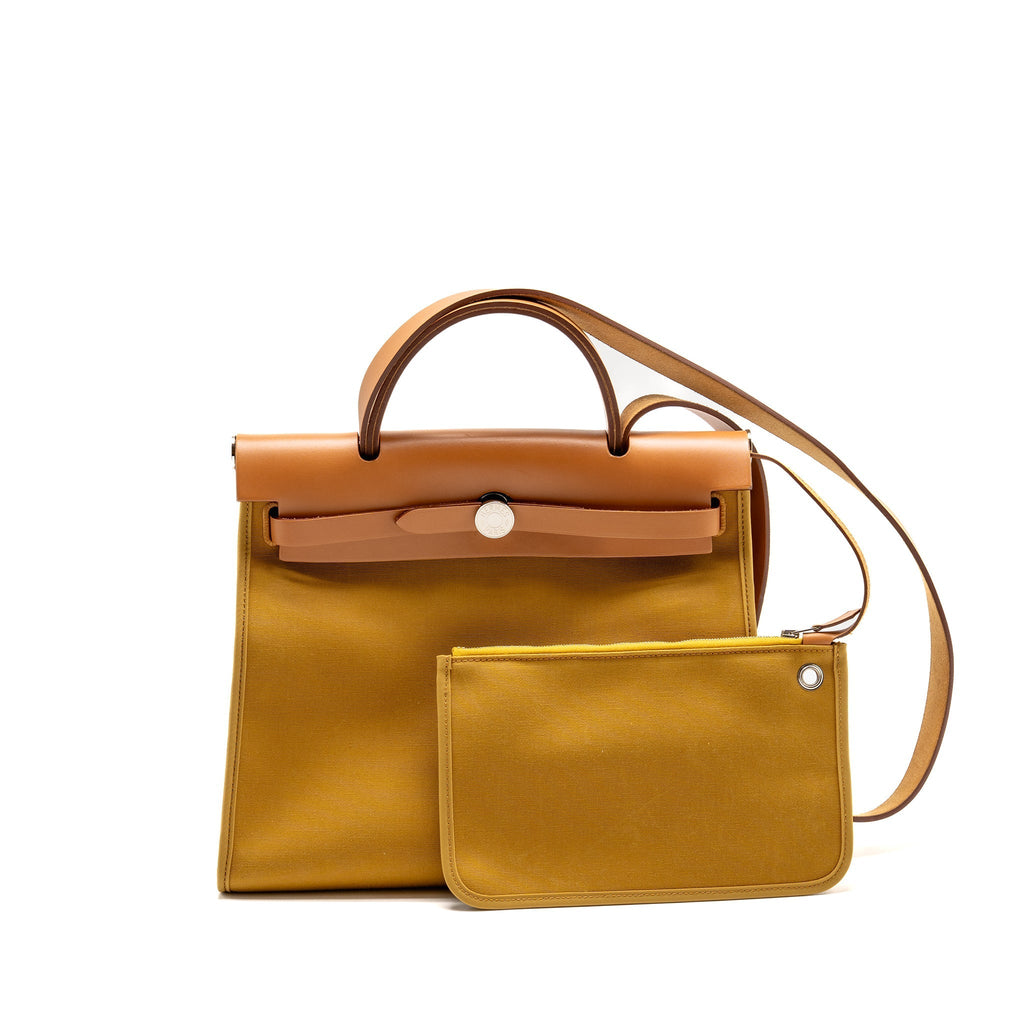 HERMES HERBAG 31 ZIP BAG CANVAS/HUNTER LEATHER SESAME/NATUREL SABLE SHW