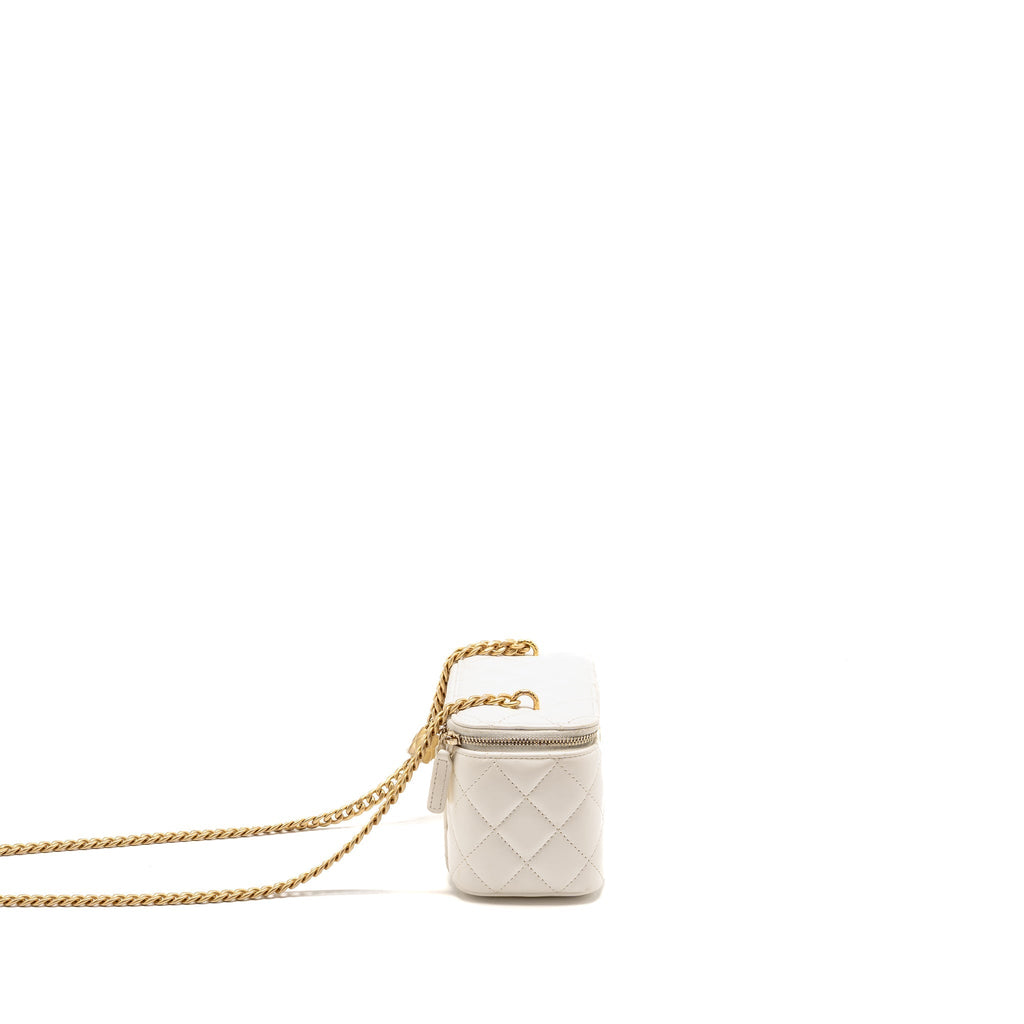 CHANEL GOLD PILLAR ADJUSTABLE CHAIN LONG VANITY LAMBSKIN WHITE GHW (MICROCHIP)