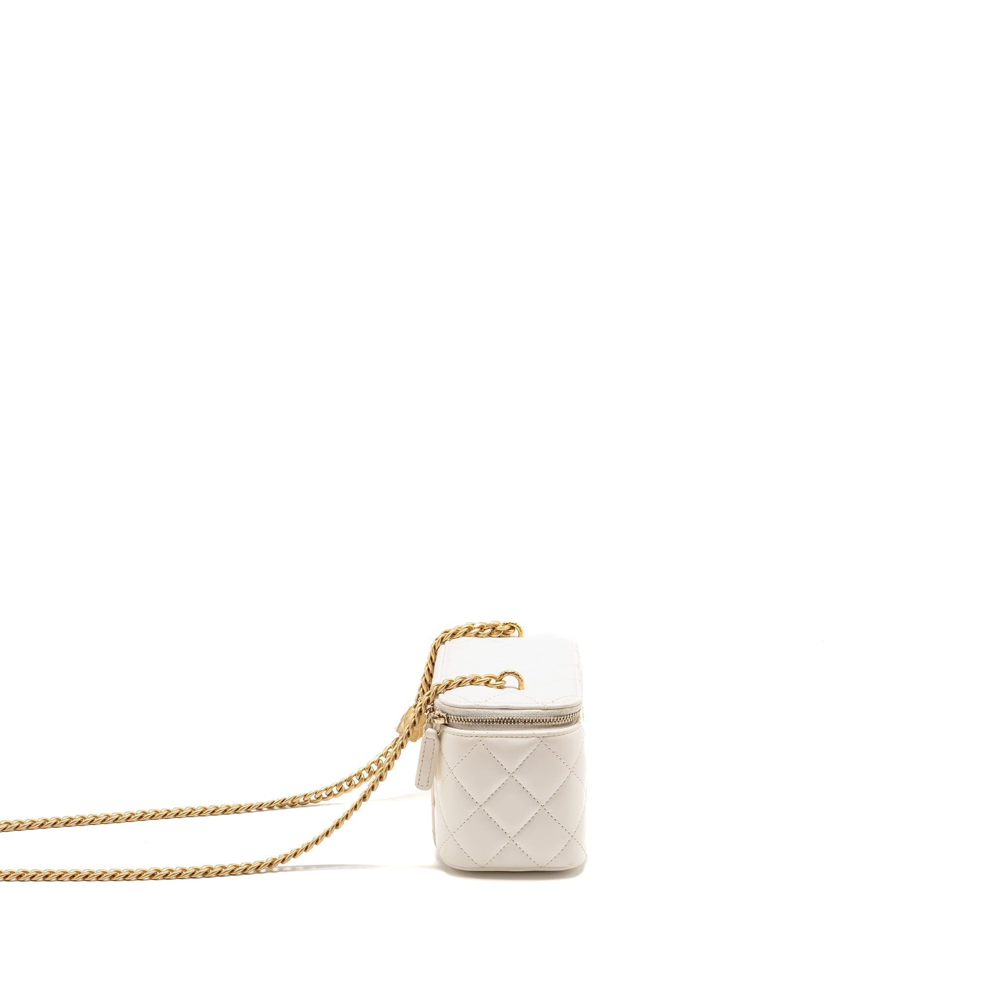 CHANEL GOLD PILLAR ADJUSTABLE CHAIN LONG VANITY LAMBSKIN WHITE GHW (MICROCHIP)