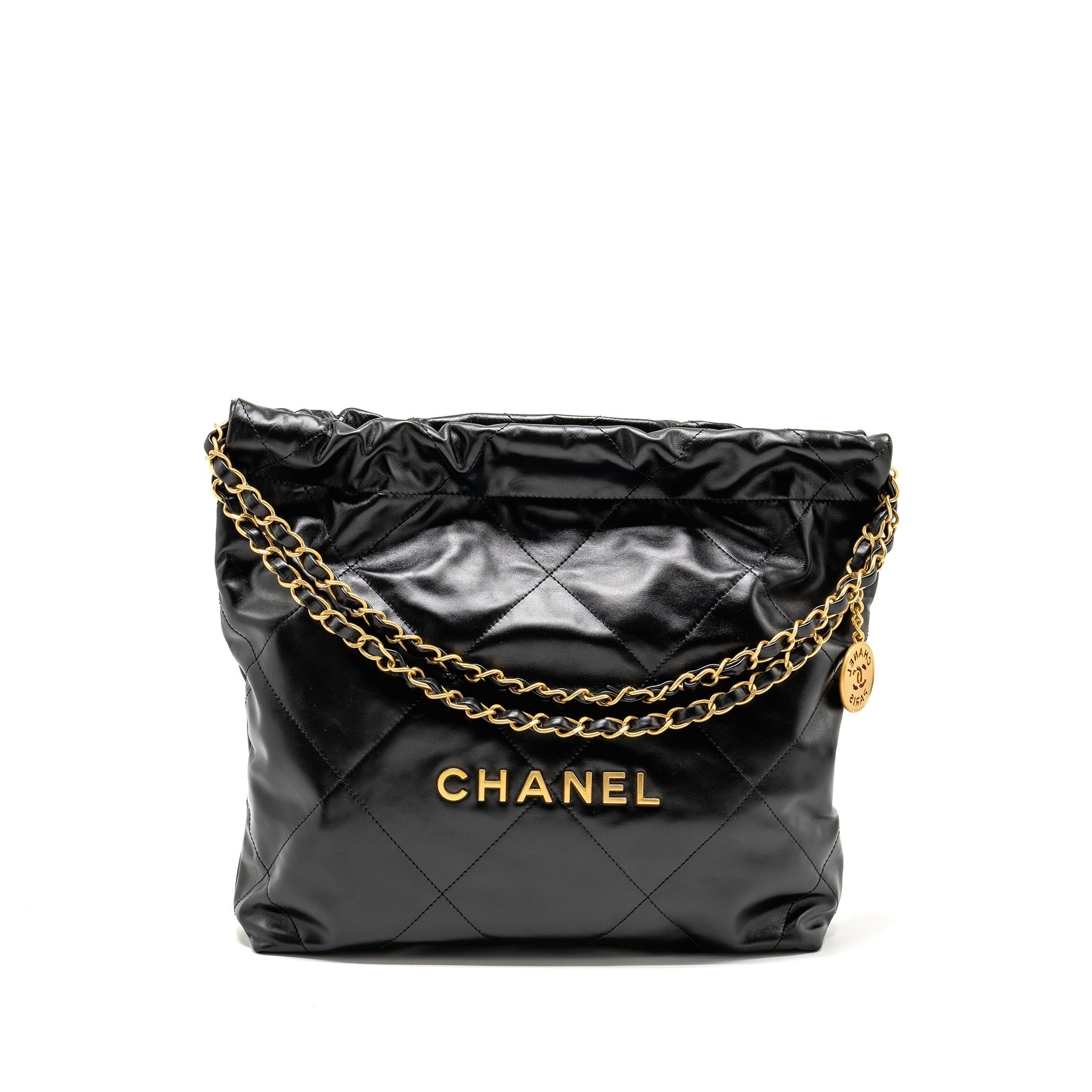 CHANEL SMALL 22BAG SHINY CALFSKIN BLACK GHW (MICROCHIP)
