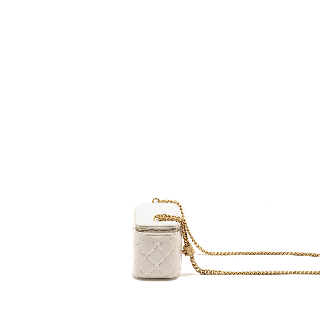 CHANEL GOLD PILLAR ADJUSTABLE CHAIN LONG VANITY LAMBSKIN WHITE GHW (MICROCHIP)