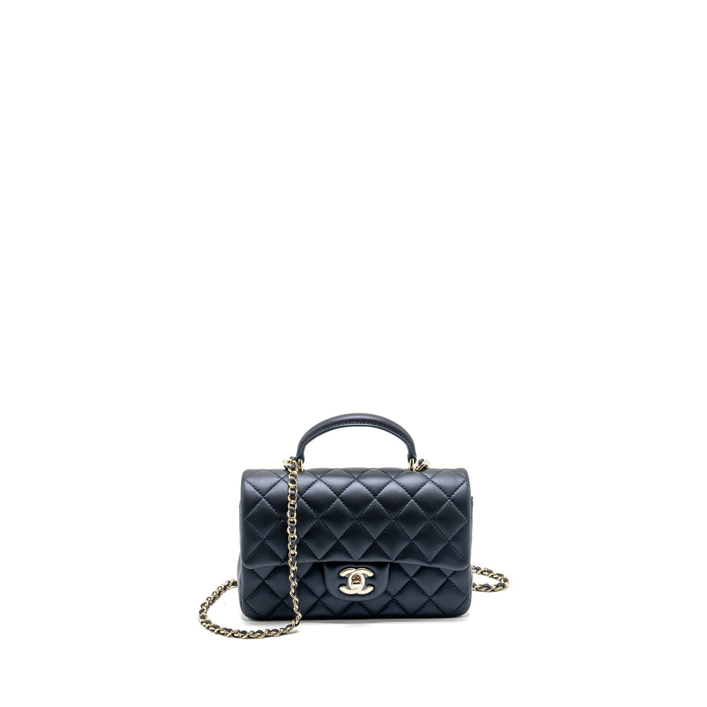 CHANEL TOP HANDLE MINI RECTANGULAR FLAP BAG LAMBSKIN NAVY LGHW (MICROCHIP)
