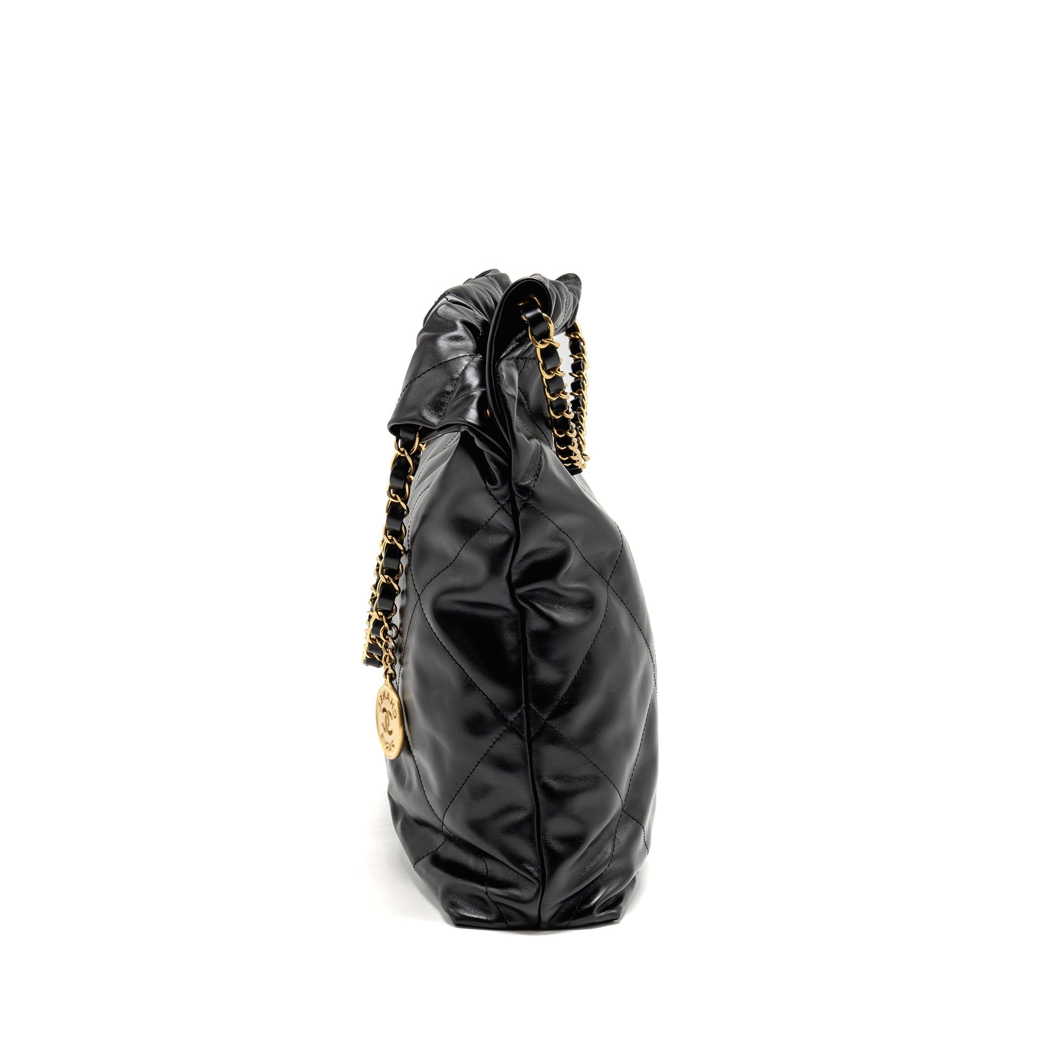 CHANEL MEDIUM 22 BAG GOLD LETTER SHINY CALFSKIN BLACK GHW (MICROCHIP)