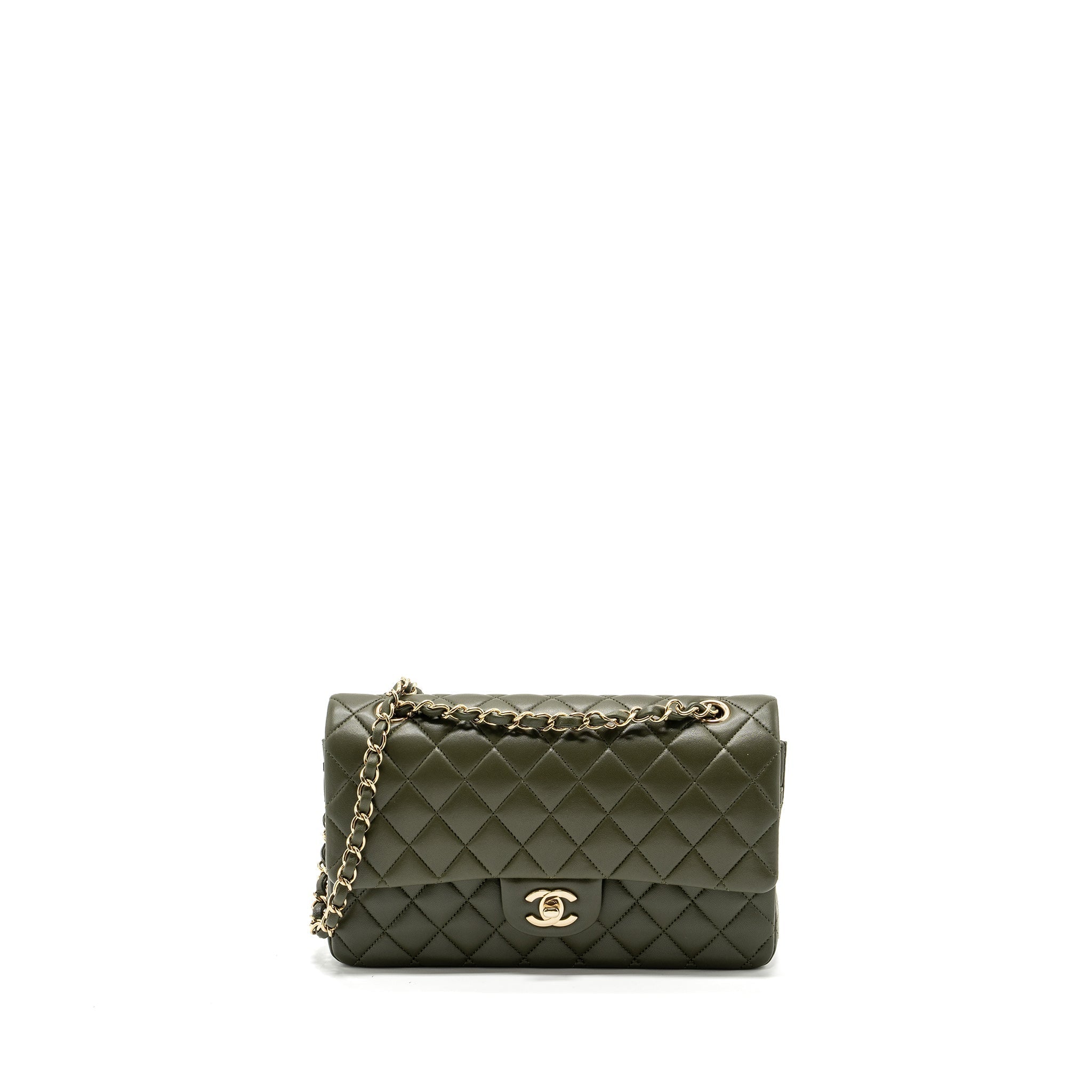 CHANEL 22K MEDIUM CLASSIC DOUBLE FLAP BAG LAMBSKIN OLIVE GREEN LGHW(MICROCHIP)