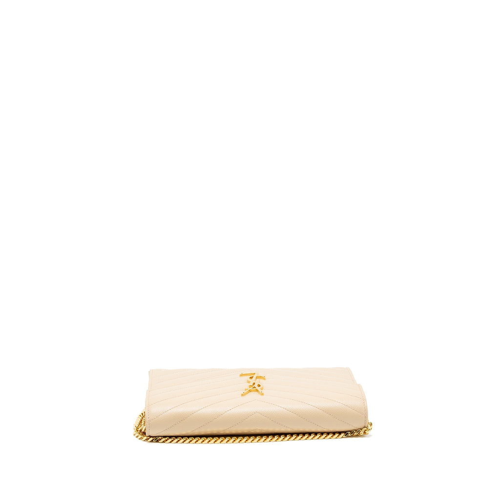 SAINT LAURENT CASSANDRE MATELASSE CHAIN WALLET GRAINED CALFSKIN BEIGE GHW