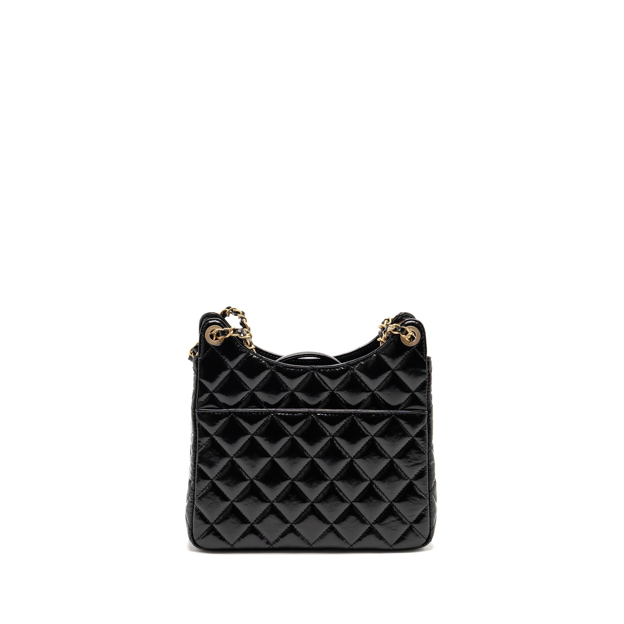 CHANEL HOBO BAG SHINY CALFSKIN BLACK BRUSHED GHW