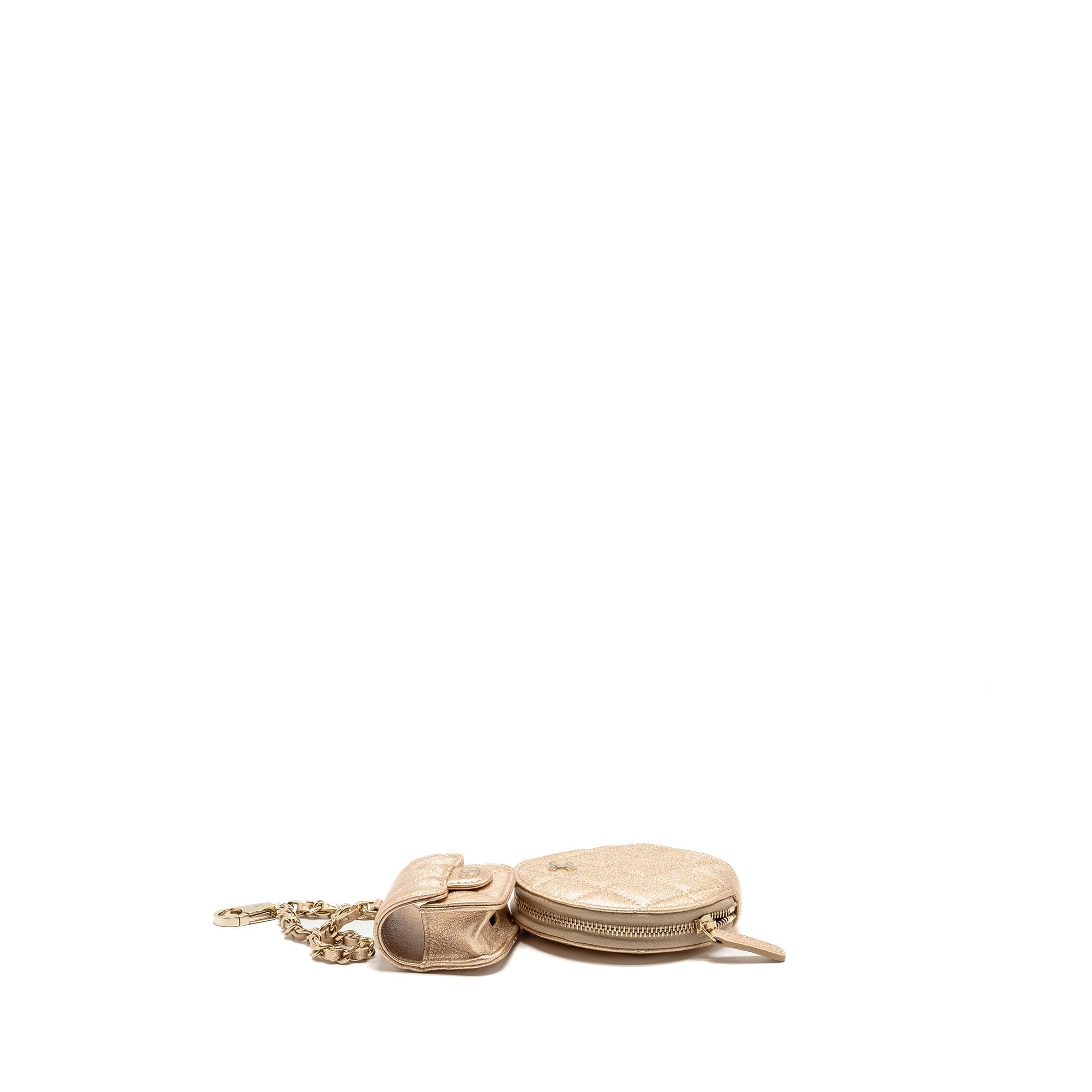 CHANEL ROUND CLIP ON PURSE DUO BAG CHARM QUILTED LAMBSKIN METALLIC GOLD LGHW(MICROCHIP)