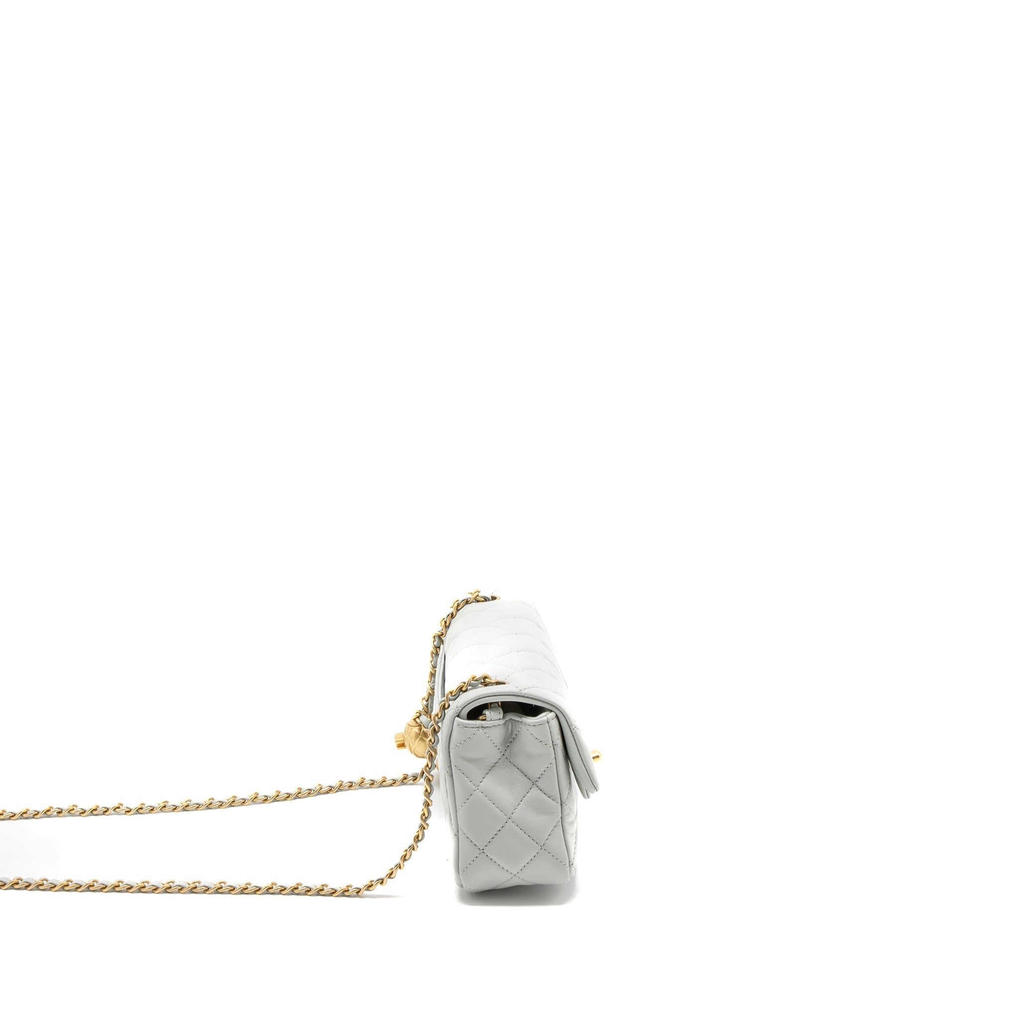 CHANEL PEARL CRUSH MINI RECTANGULAR LAMBSKIN LIGHT GREY BRUSHED GHW (MICROCHIP)