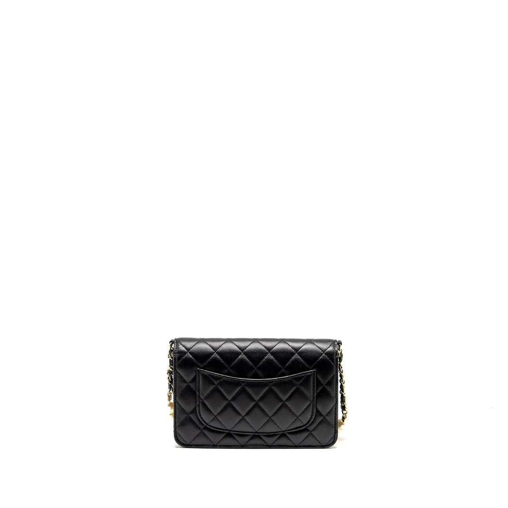 CHANEL PEARL CHAIN WALLET ON CHAIN LAMBSKIN BLACK LGHW(MICROCHIP)