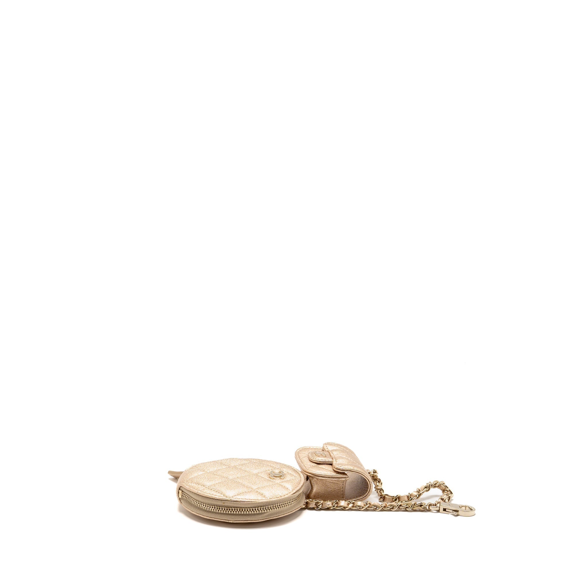 CHANEL ROUND CLIP ON PURSE DUO BAG CHARM QUILTED LAMBSKIN METALLIC GOLD LGHW(MICROCHIP)