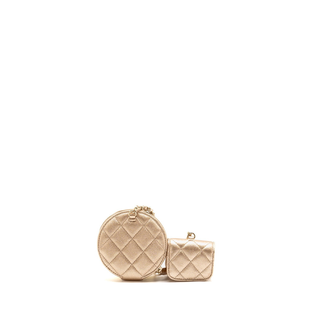 CHANEL ROUND CLIP ON PURSE DUO BAG CHARM QUILTED LAMBSKIN METALLIC GOLD LGHW(MICROCHIP)