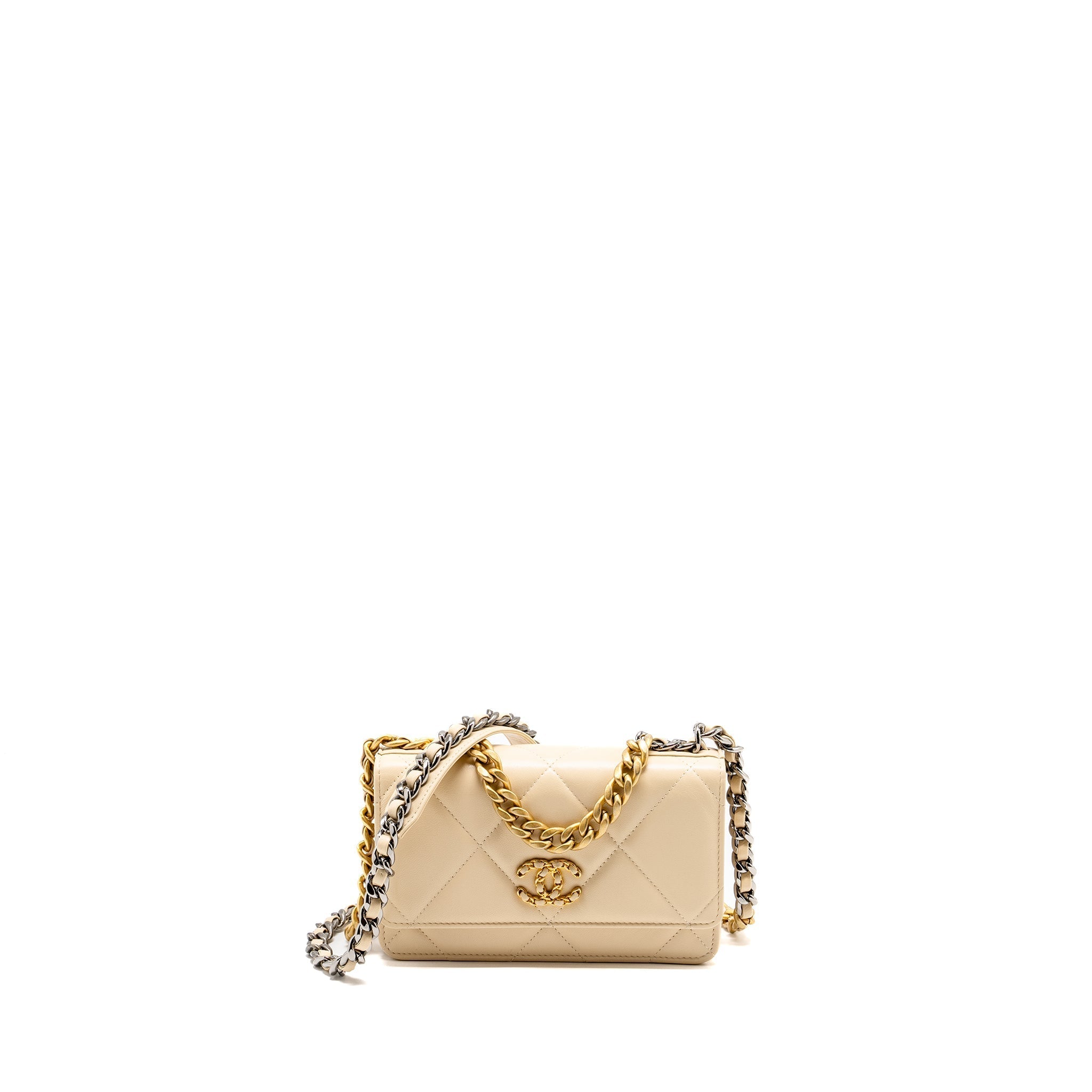CHANEL 19 WALLET ON CHAIN LAMBSKIN LIGHT BEIGE MULTICOLOUR HARDWARE