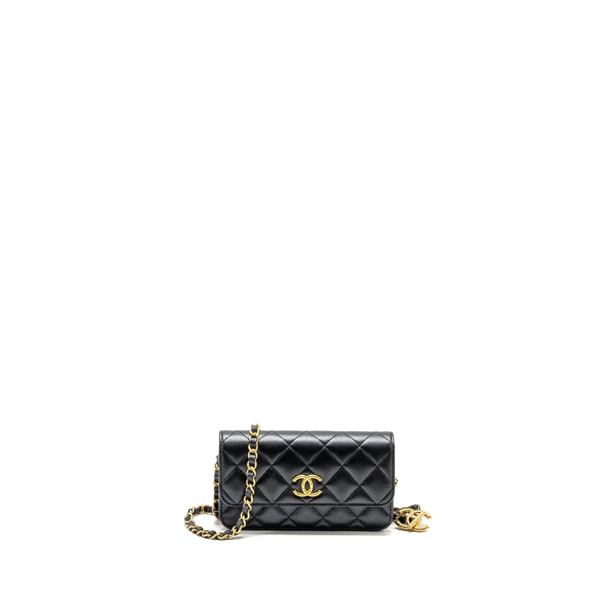 CHANEL 23B MINI FLAP WALLET WITH ADJUSTABLE CHAIN CAVIAR IRIDESCENT BLACK GHW (MICROCHIP)
