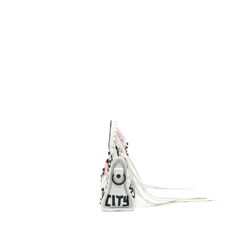 BALENCIAGA CITY GRAFFITI CLASSIC STUDS BAG LEATHER WHITE / PINK/ BLACK WITH BLACK HARDWARE