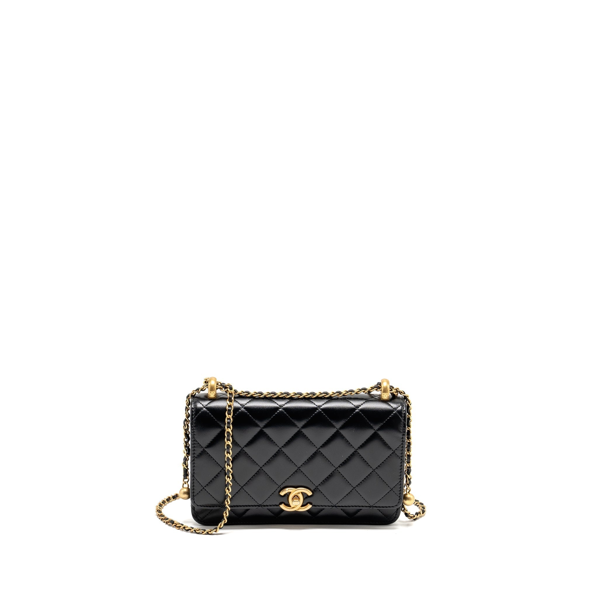 CHANEL 24C GOLD CRUSH WALLET ON CHAIN CALFSKIN BLACK GHW(MICROCHIP)