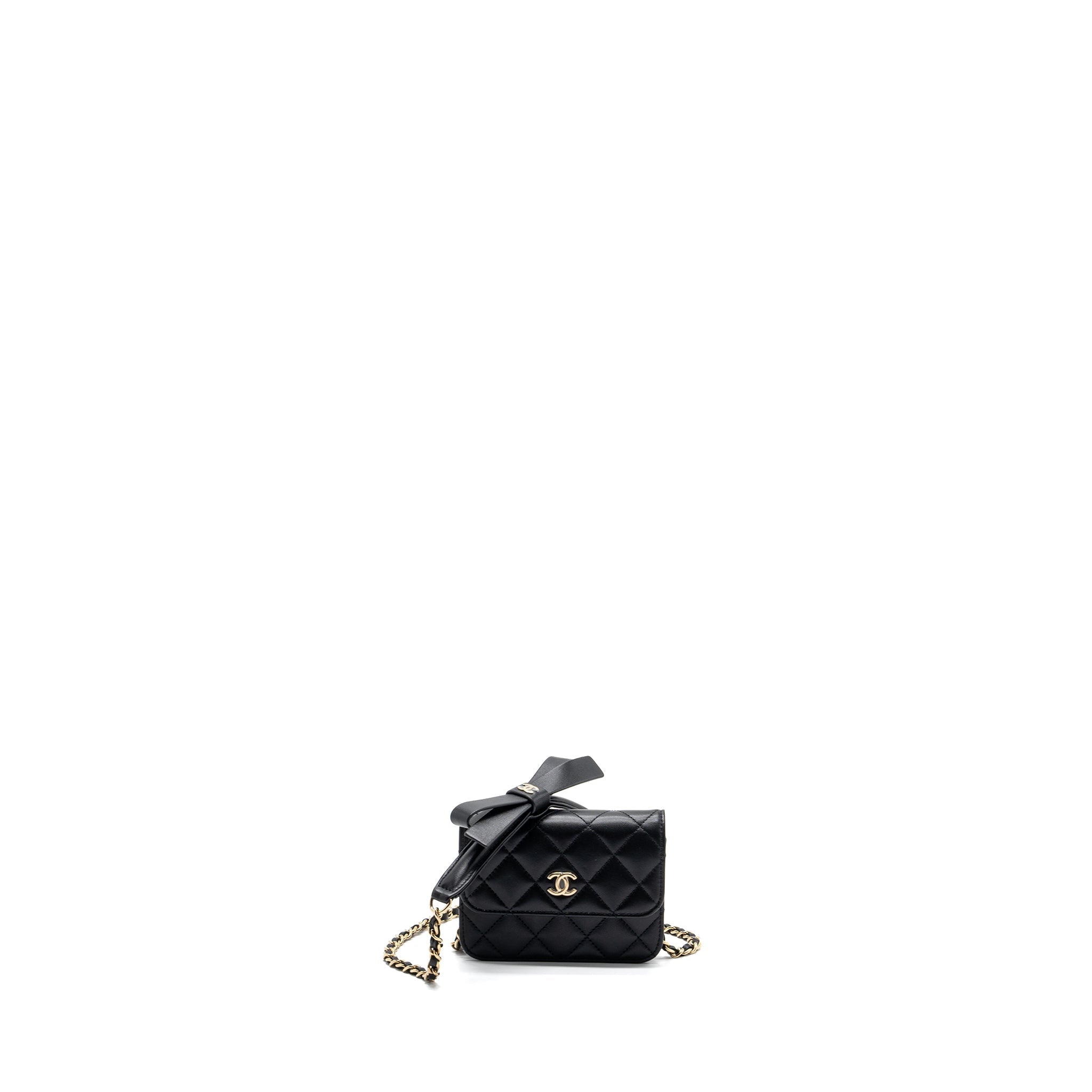 CHANEL MINI FLAP CARD HOLDER WITH RIBBON CHAIN LAMBSKIN BLACK LGHW