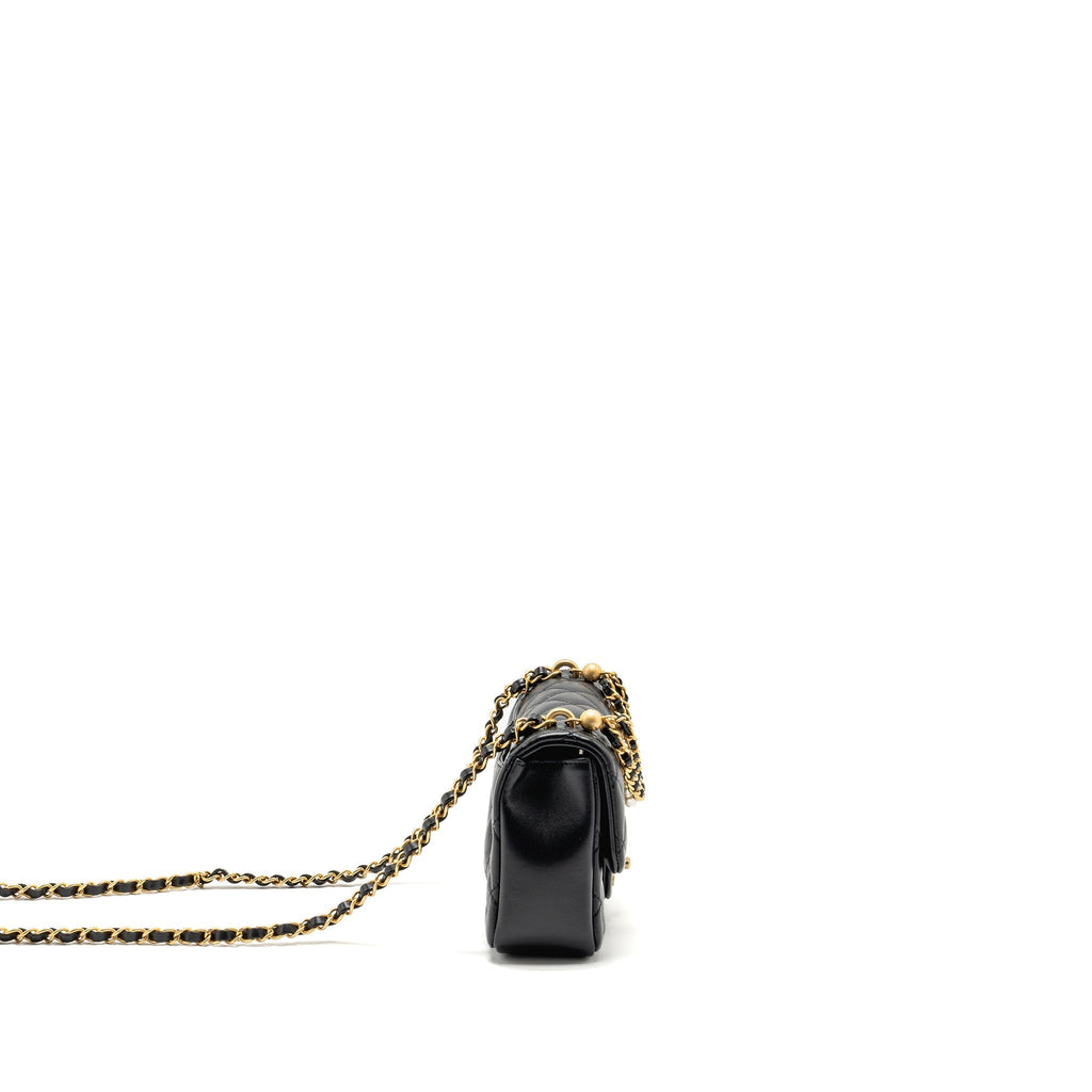 CHANEL 24P PEARL CHAIN MINI FLAP BAG LAMBSKIN BLACK GHW (MICROCHIP)