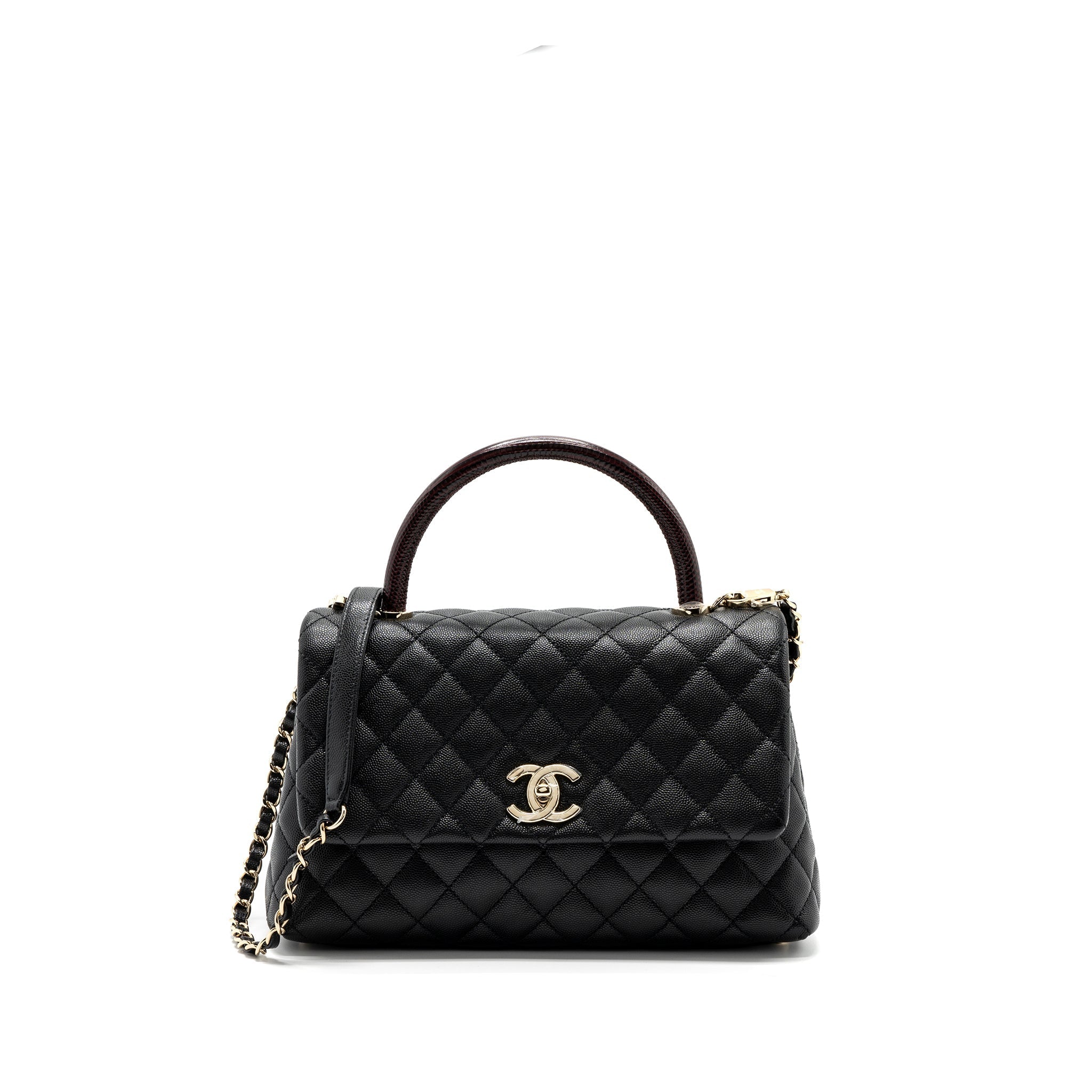 CHANEL MEDIUM COCO HANDLE FLAP BAG LIZARD EMBOSSED HANDLE CAVIAR BLACK LGHW