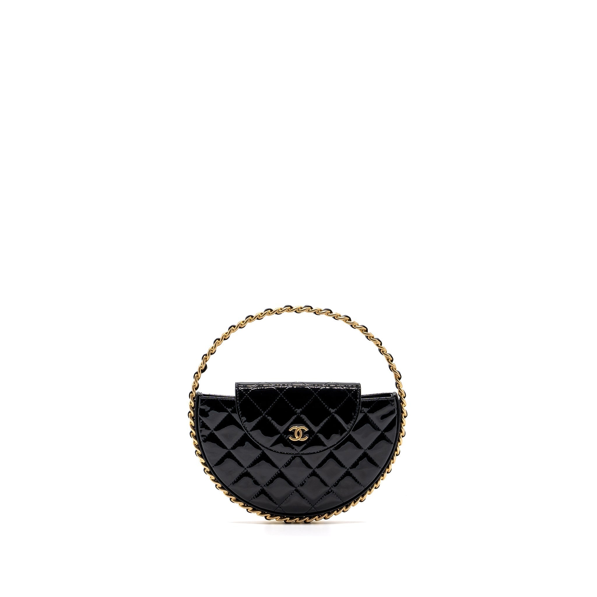 CHANEL 23K HOOP BAG PATENT BLACK GHW (MICROCHIP)