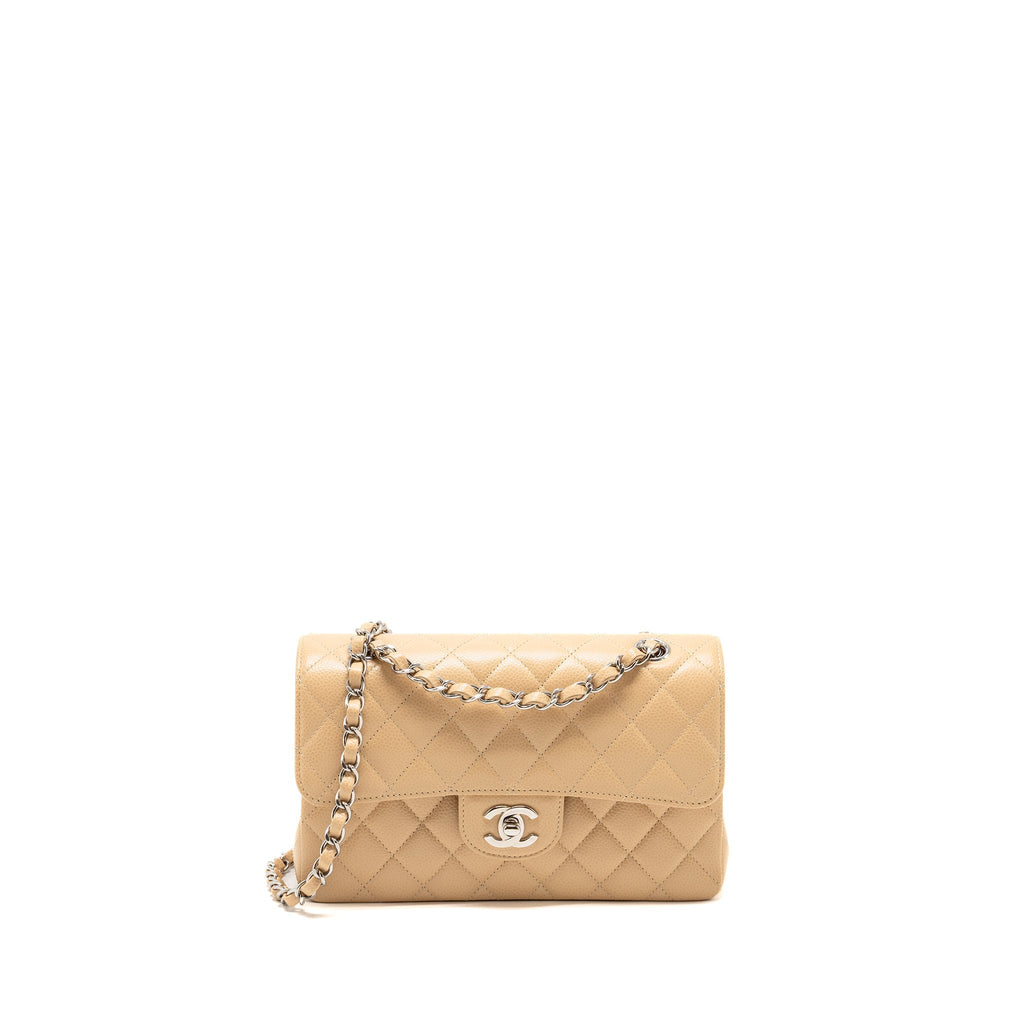 CHANEL SMALL CLASSIC DOUBLE FLAP BAG CAVIAR BEIGE SHW (MICROCHIP)