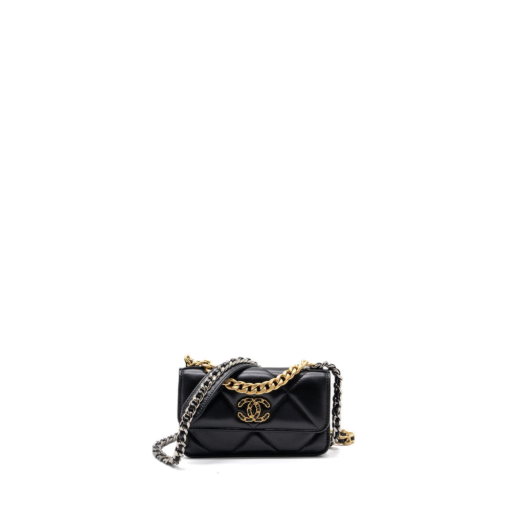 CHANEL MINI 19 WALLET ON CHAIN LAMBSKIN BLACK MULTICOLOUR HARDWARE (MICROCHIP)