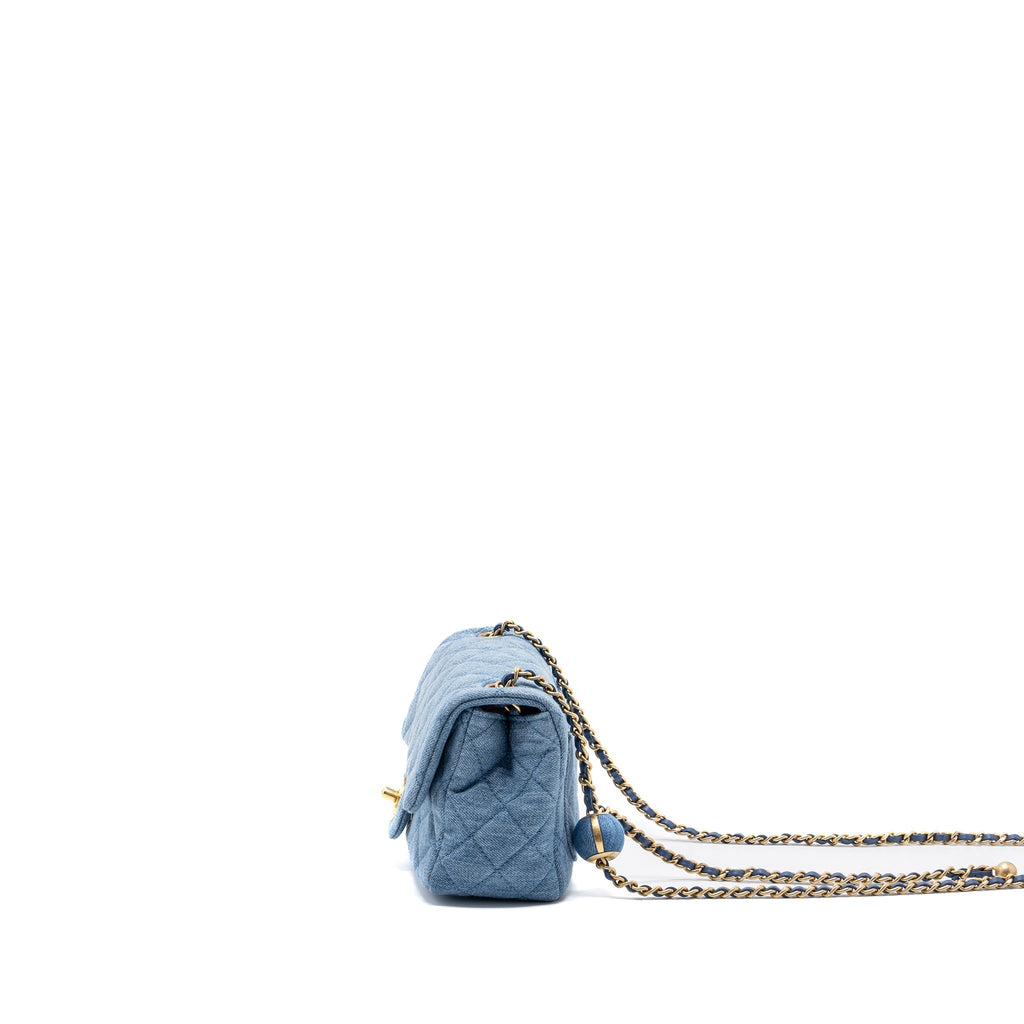 CHANEL 22C DENIM PEARL CRUSH MINI SQUARE FLAP BAG DENIM LIGHT BLUE GHW (MICROCHIP)