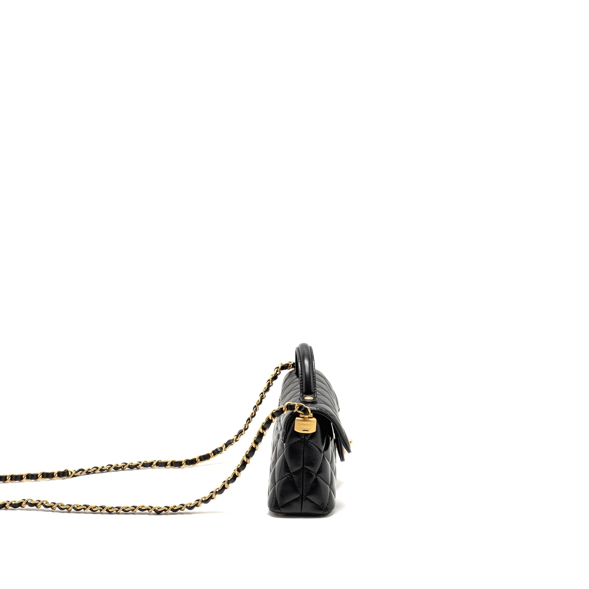 CHANEL 25P TOP HANDLE FLAP BAG SHINY LAMBSKIN BLACK GHW(MICROCHIP)